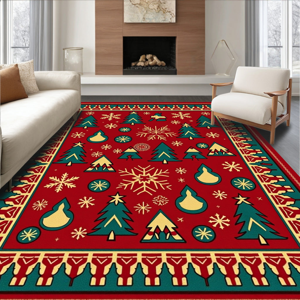 Red Emerald Pine Snowflake Holiday Rug