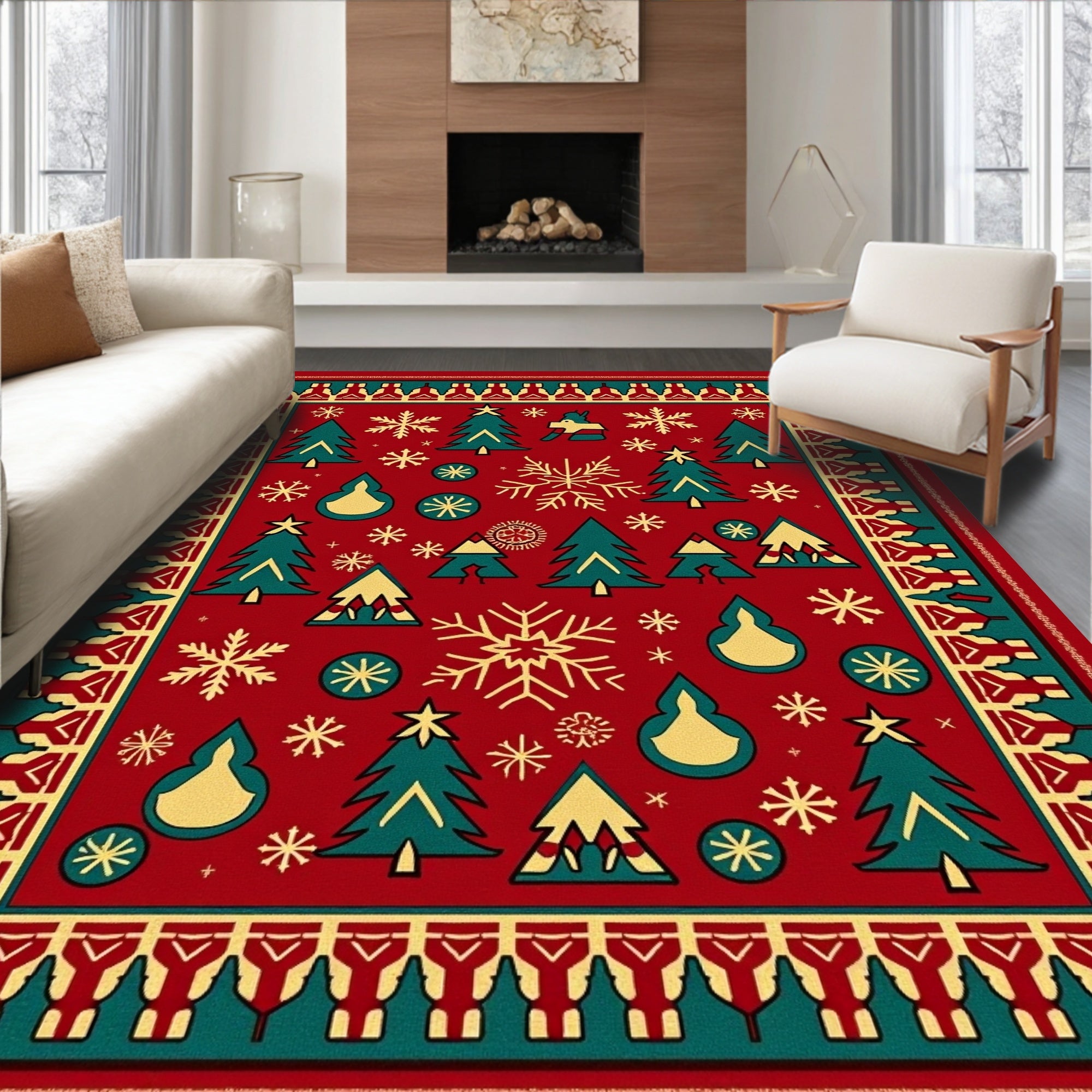 Red Emerald Pine Snowflake Holiday Rug