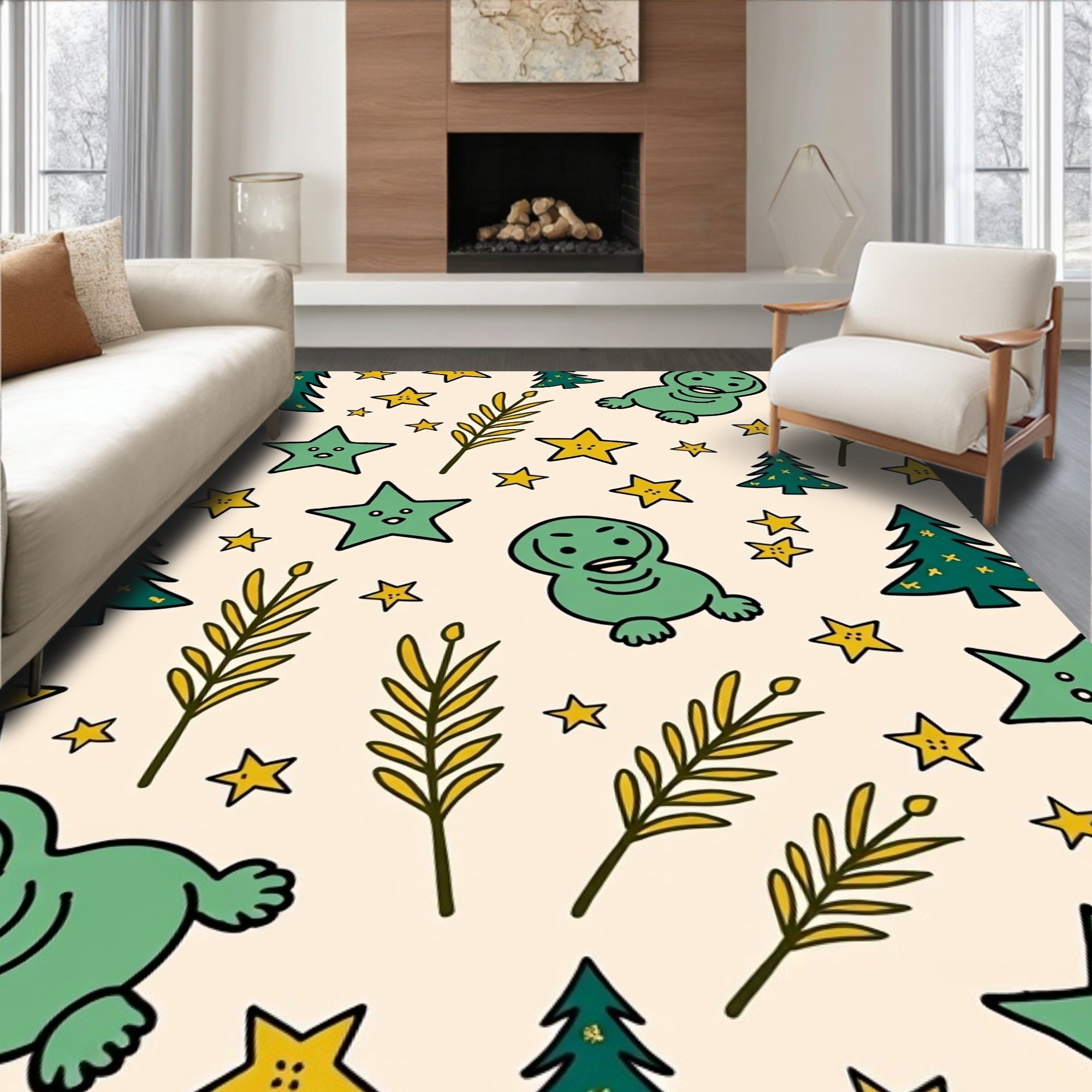Whimsical Green Creatures Starry Trees Rug