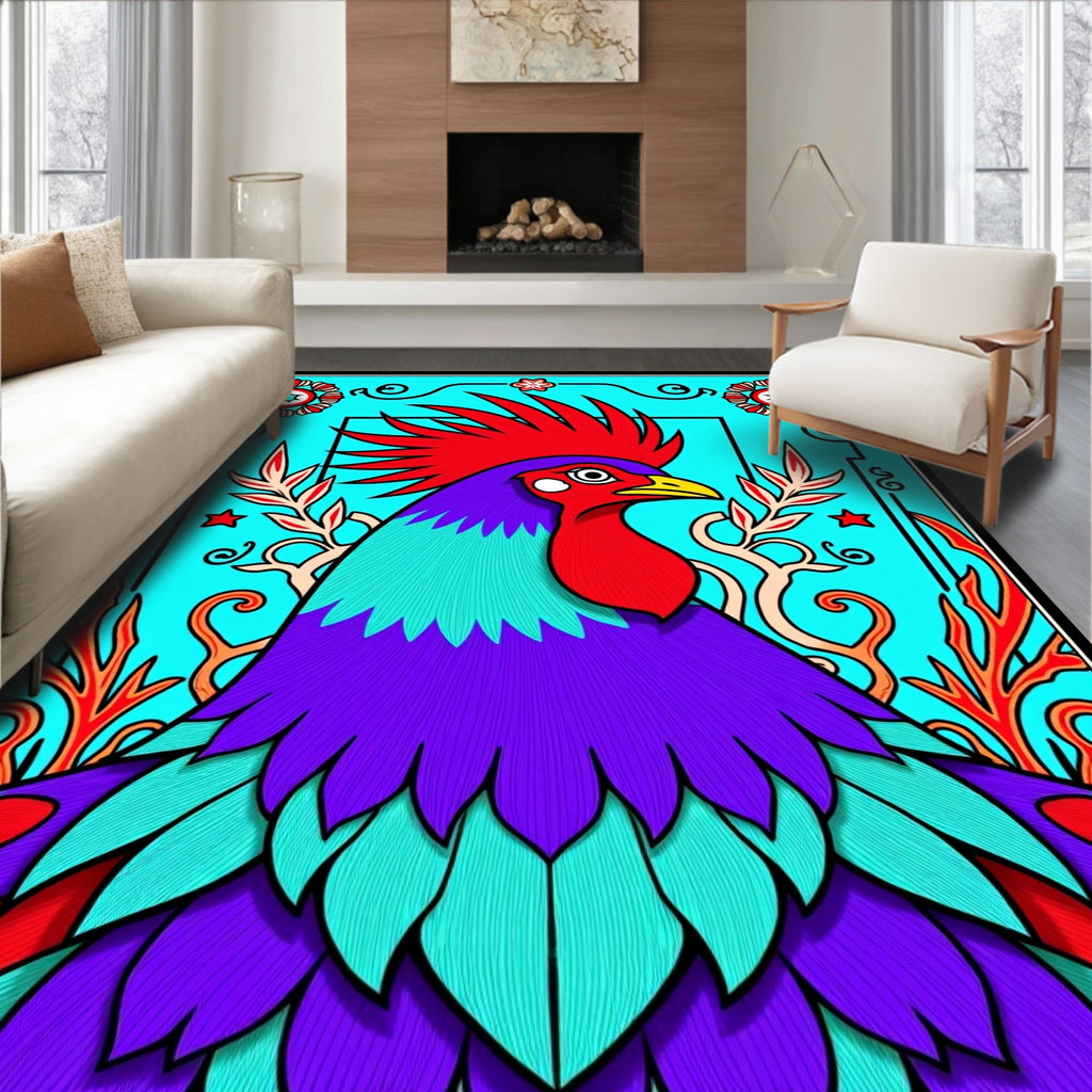 Vibrant Rooster Aquamarine Floral Border Rug