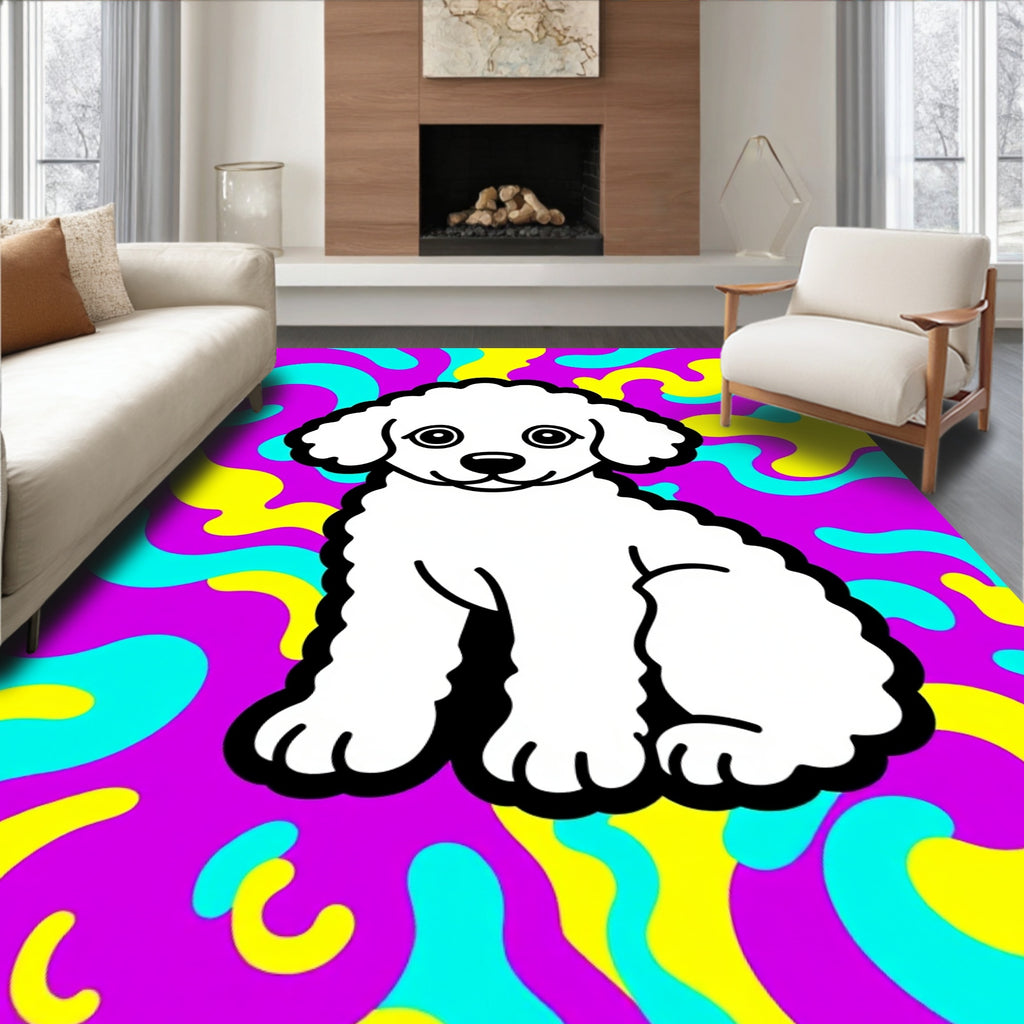 Whimsical White Poodle Psychedelic Swirls Rug