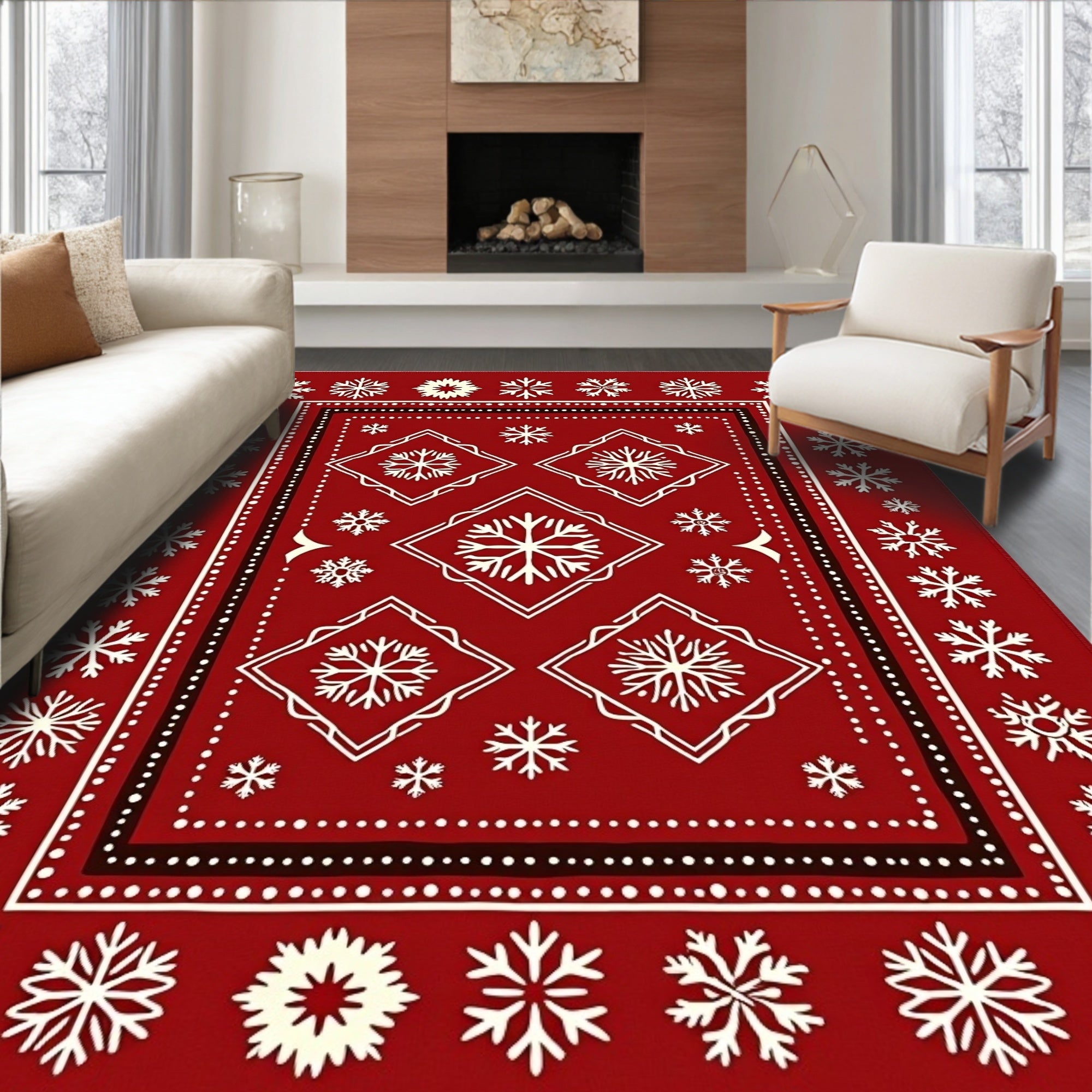Crimson White Snowflake Border Medallion Rug