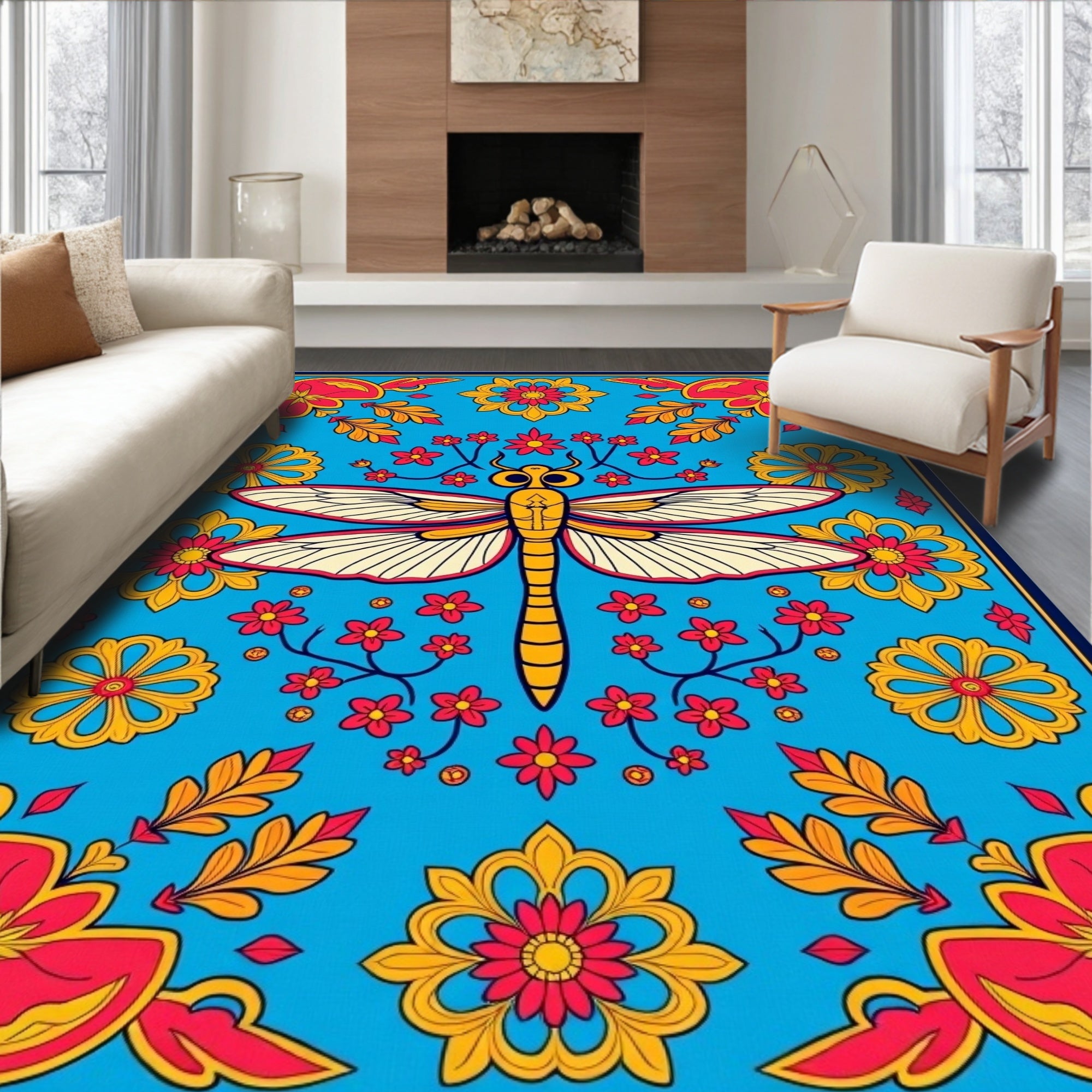 Vibrant Teal Dragonfly Floral Sunburst Rug