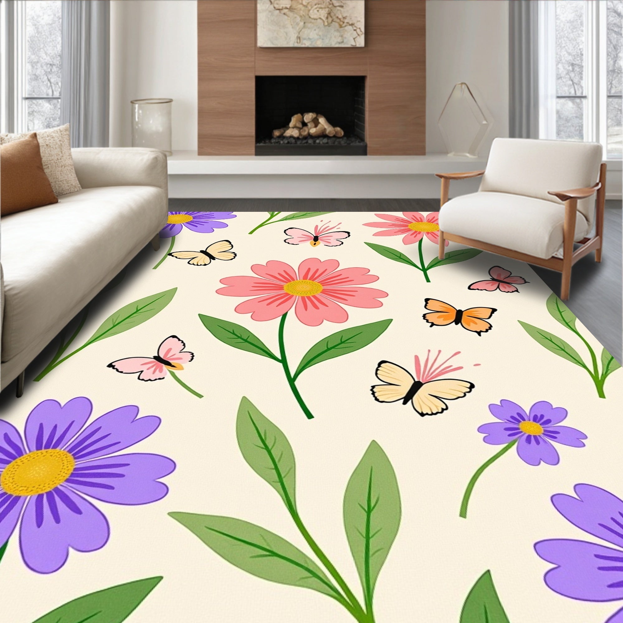 Vibrant Floral Butterfly Field Panorama Rug