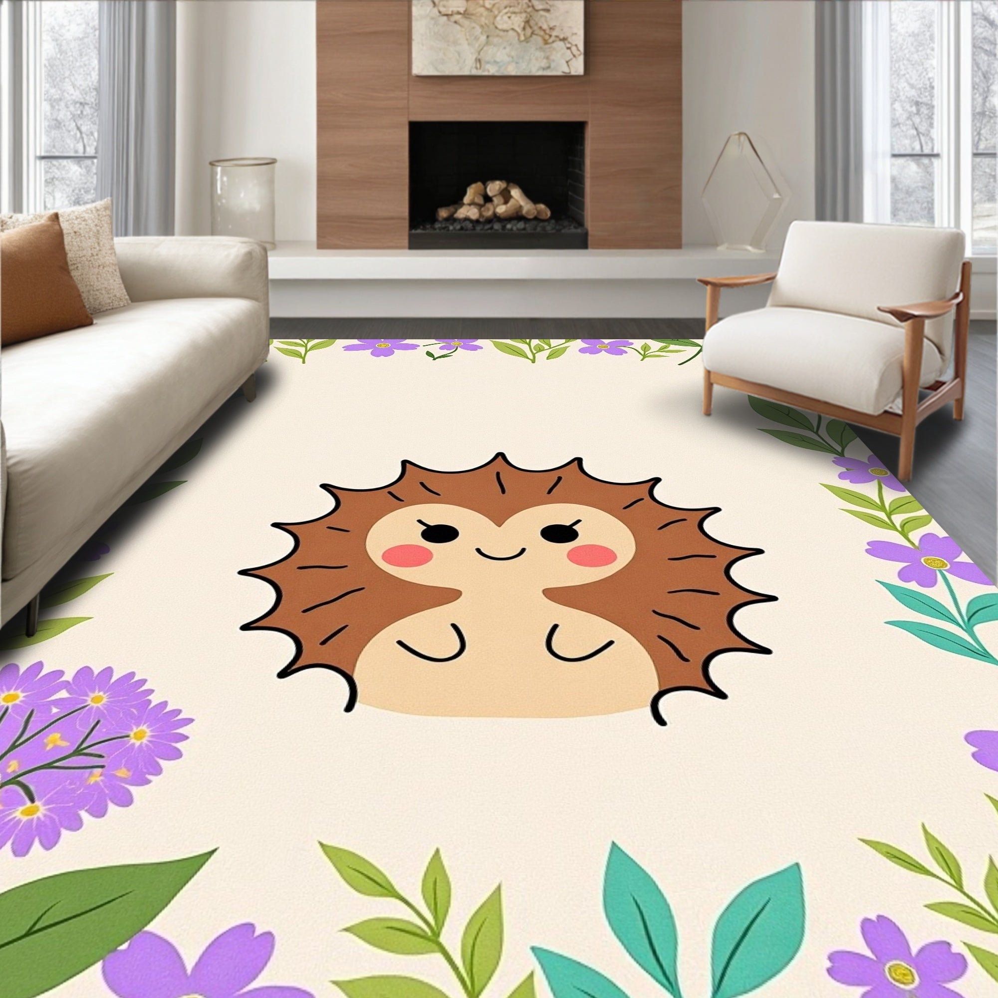 Happy Hedgehog Floral Border Rug