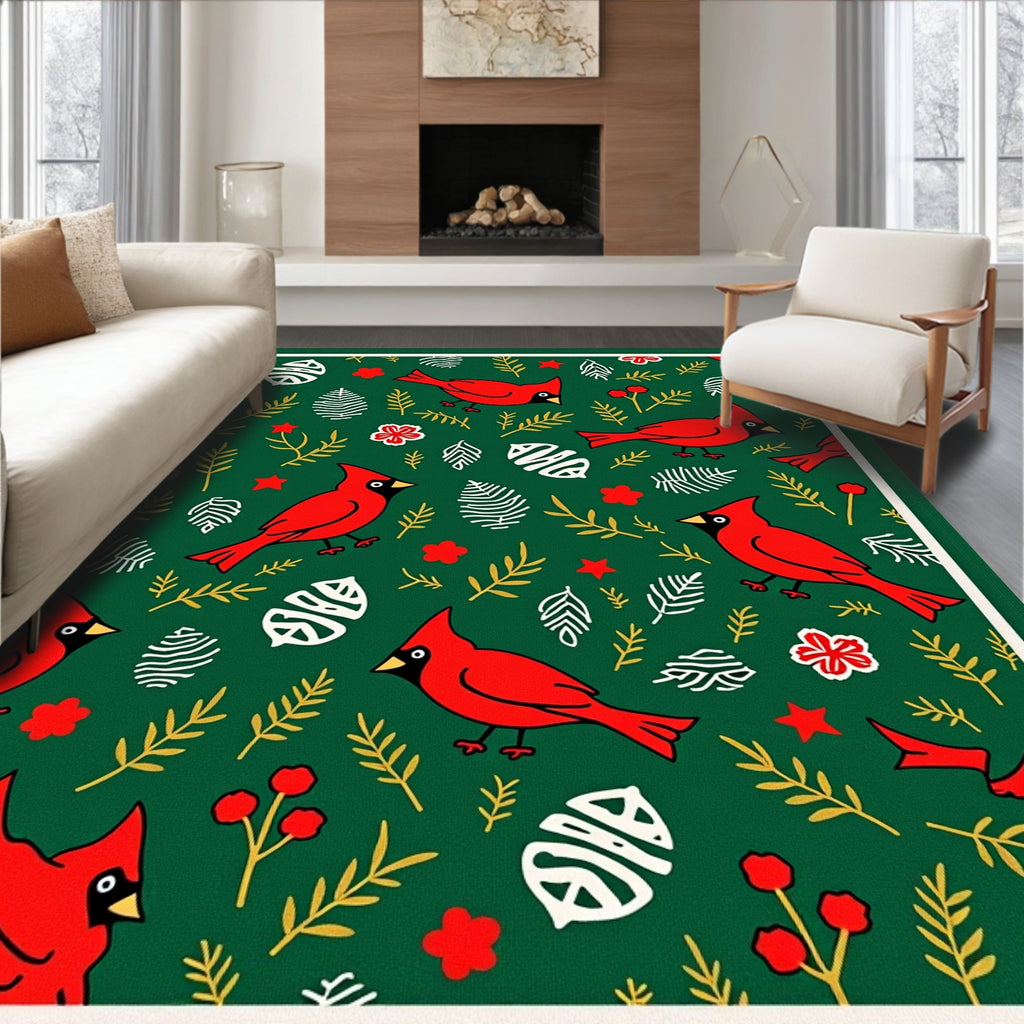 Red Cardinals With Festive Green Background Rug