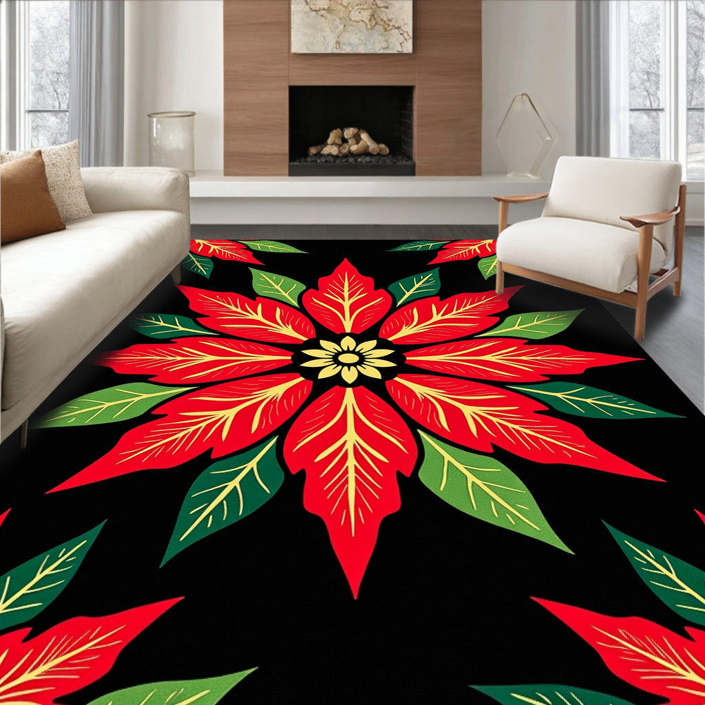 Bold Red Poinsettia Floral Symmetry Rug