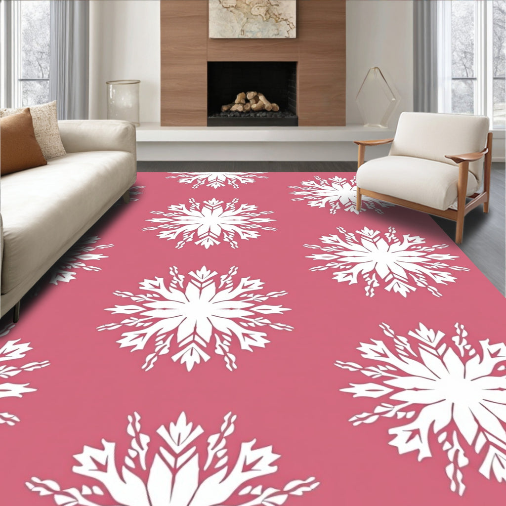 White Snowflake Motif Pink Background Rug