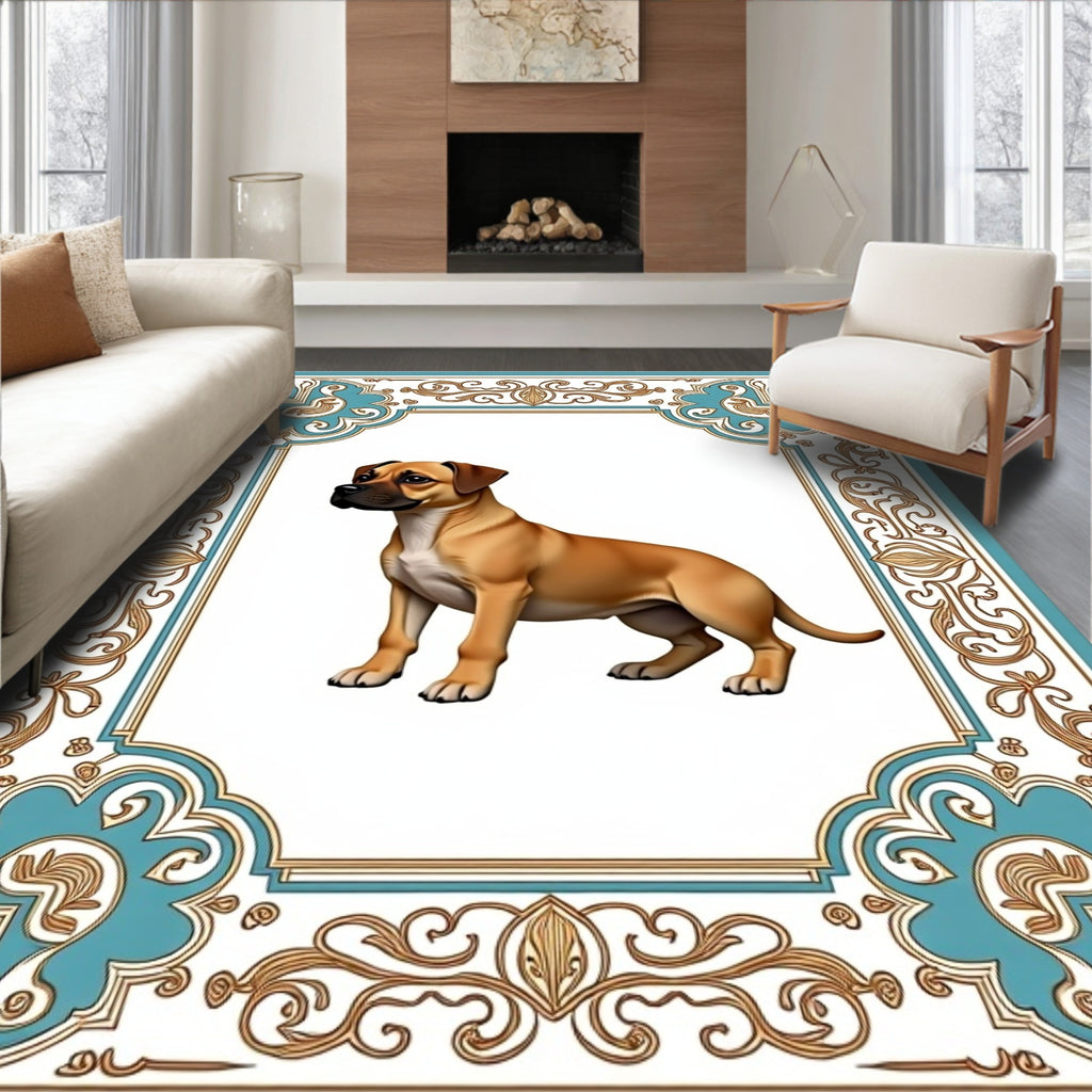 Tan Dog With Teal Ornate Border Rug