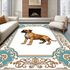 Tan Dog With Teal Ornate Border Rug