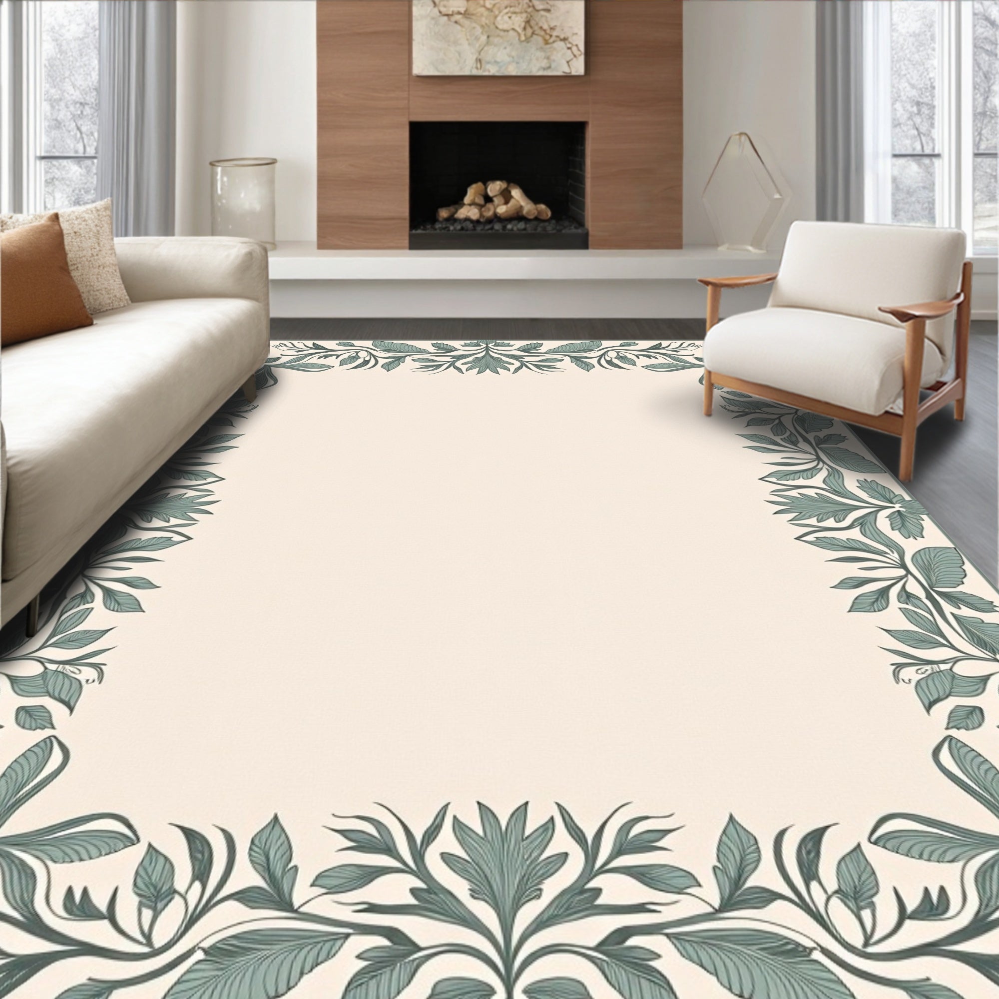 Vintage Sage Green Floral Border Rug