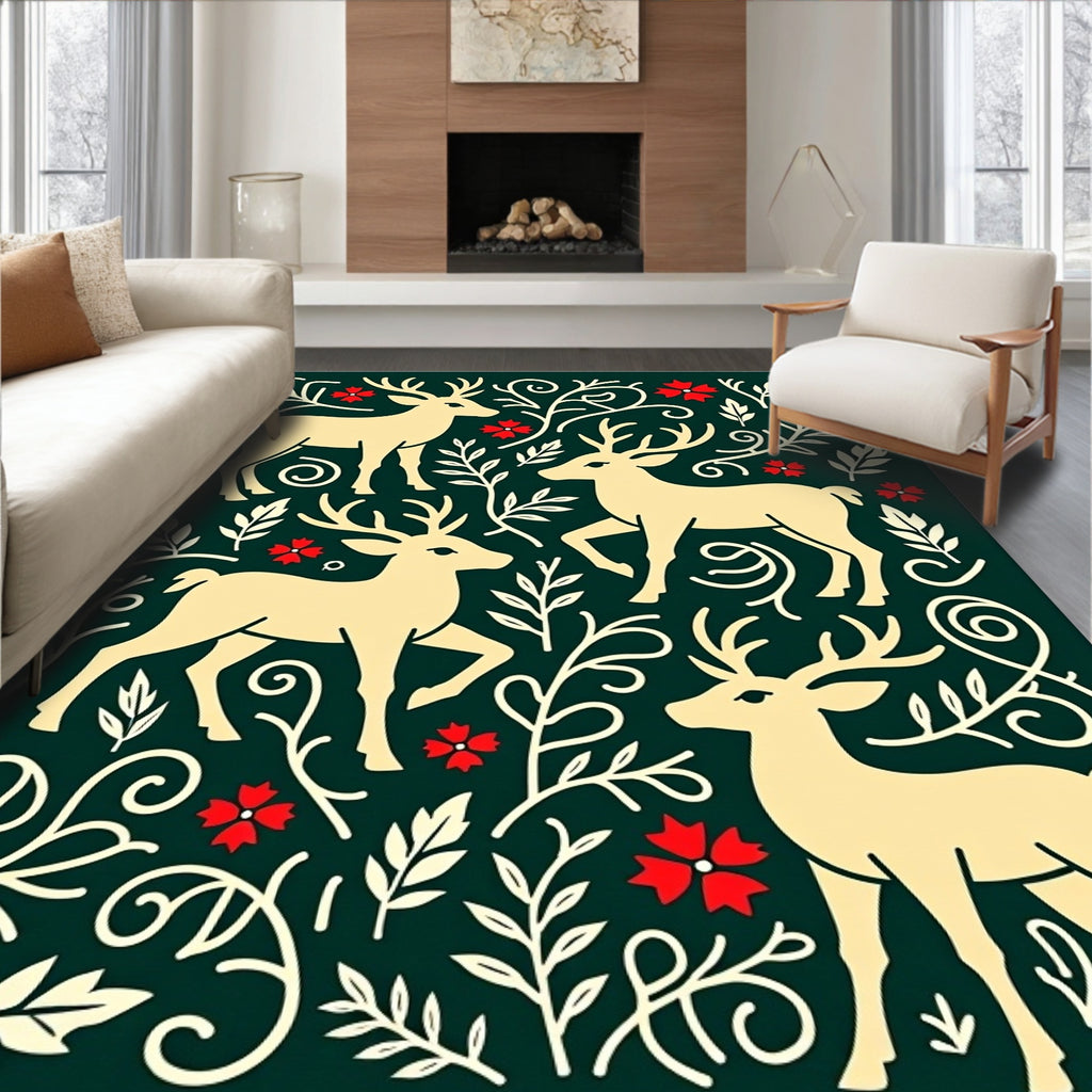 Cream Deer Red Floral Evergreen Meadow Rug