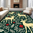 Cream Deer Red Floral Evergreen Meadow Rug