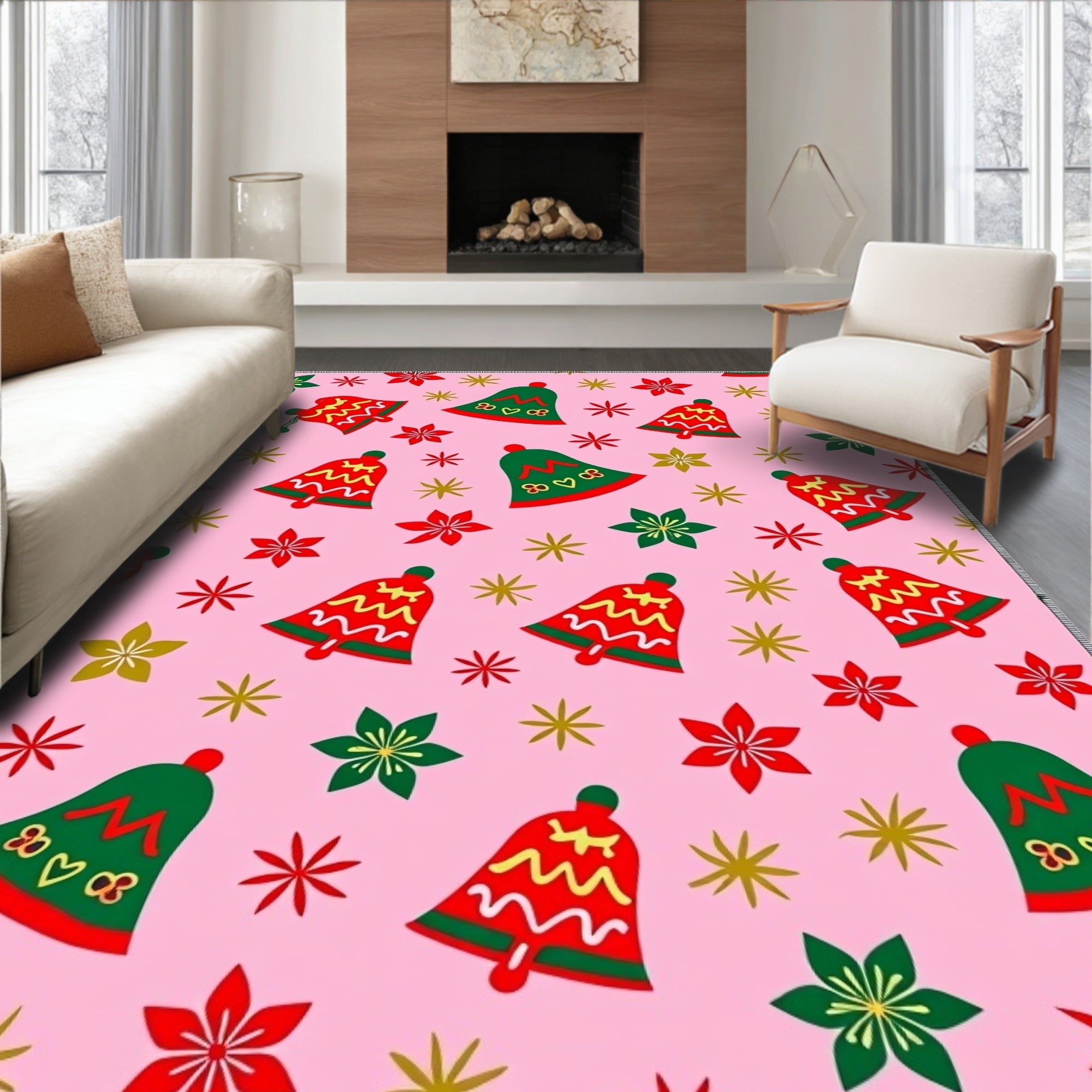 Pink Festive Bell And Star Scatter Rug