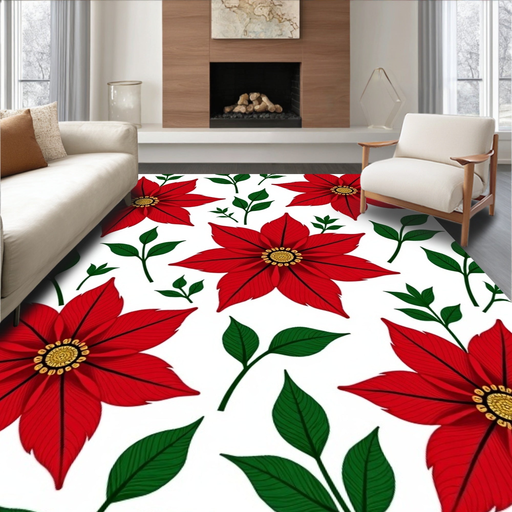 Vibrant Red Floral Leaf Arrangement Rug