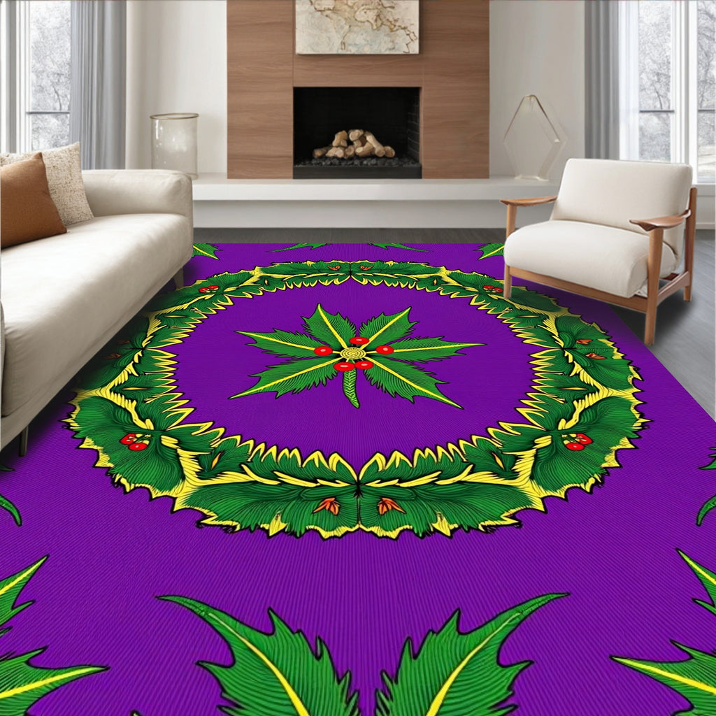 Vibrant Green Holly Wreath Purple Backdrop Rug