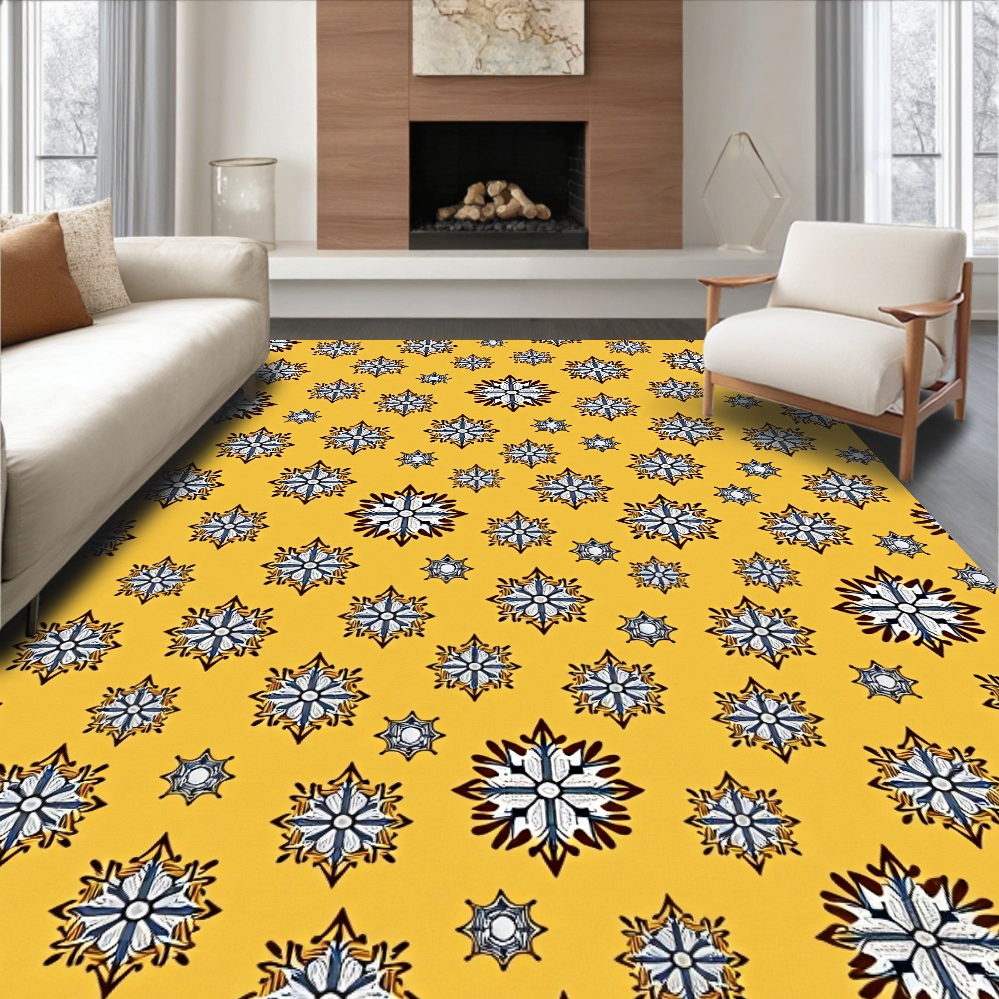 Golden Yellow Snowflake Medallion Rug