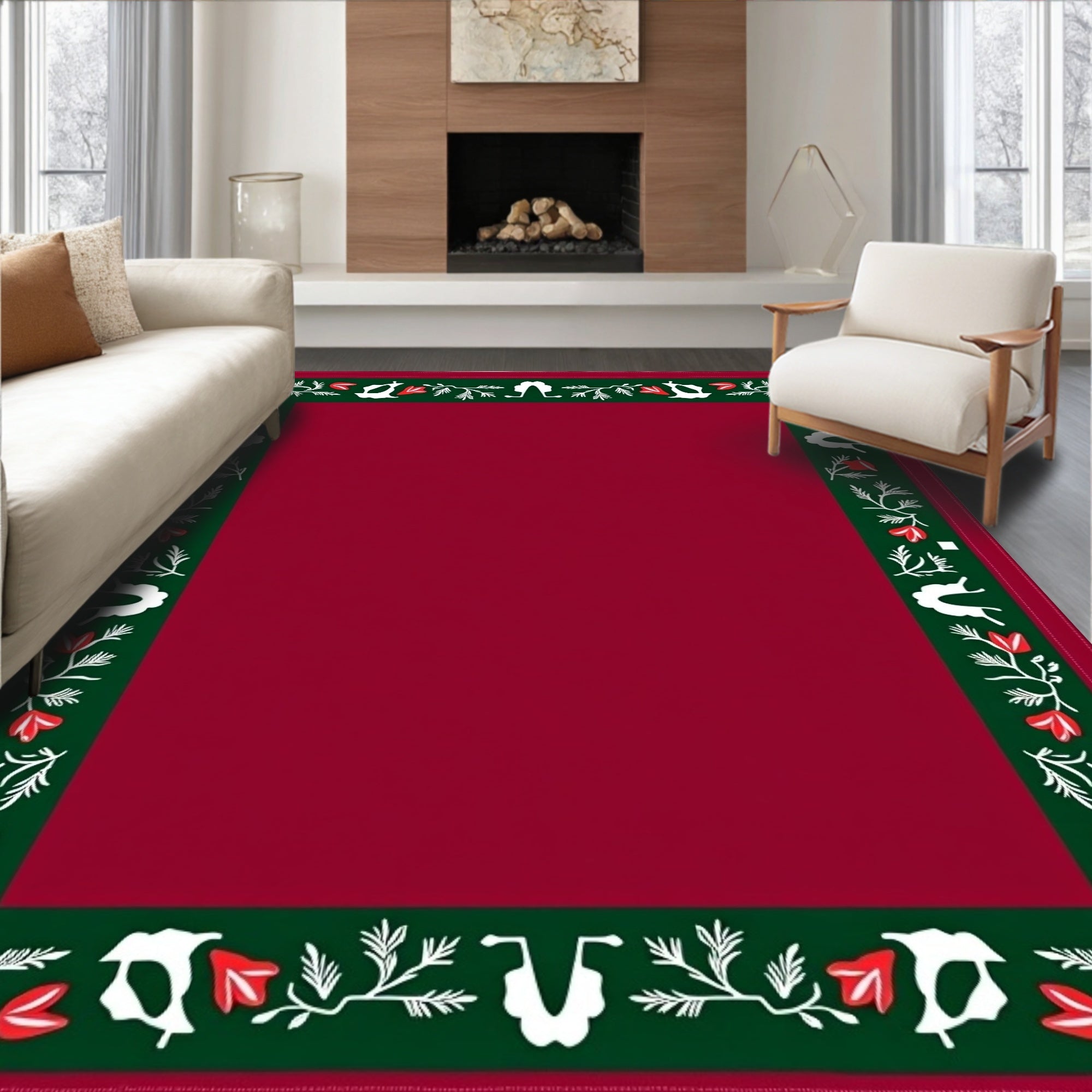 Crimson Green Floral Folk Art Border Rug