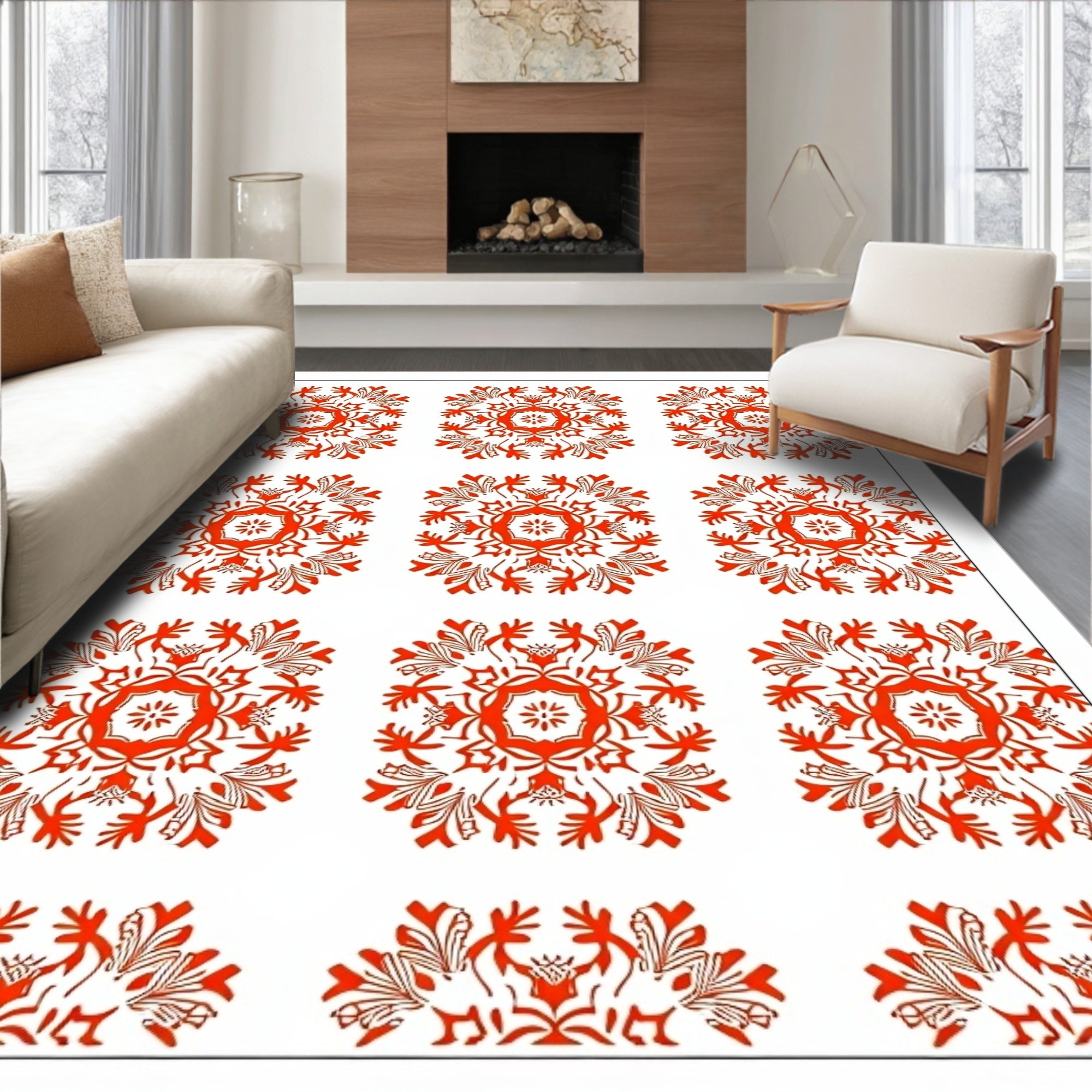 Vibrant Orange Floral Mandala Repeat Rug