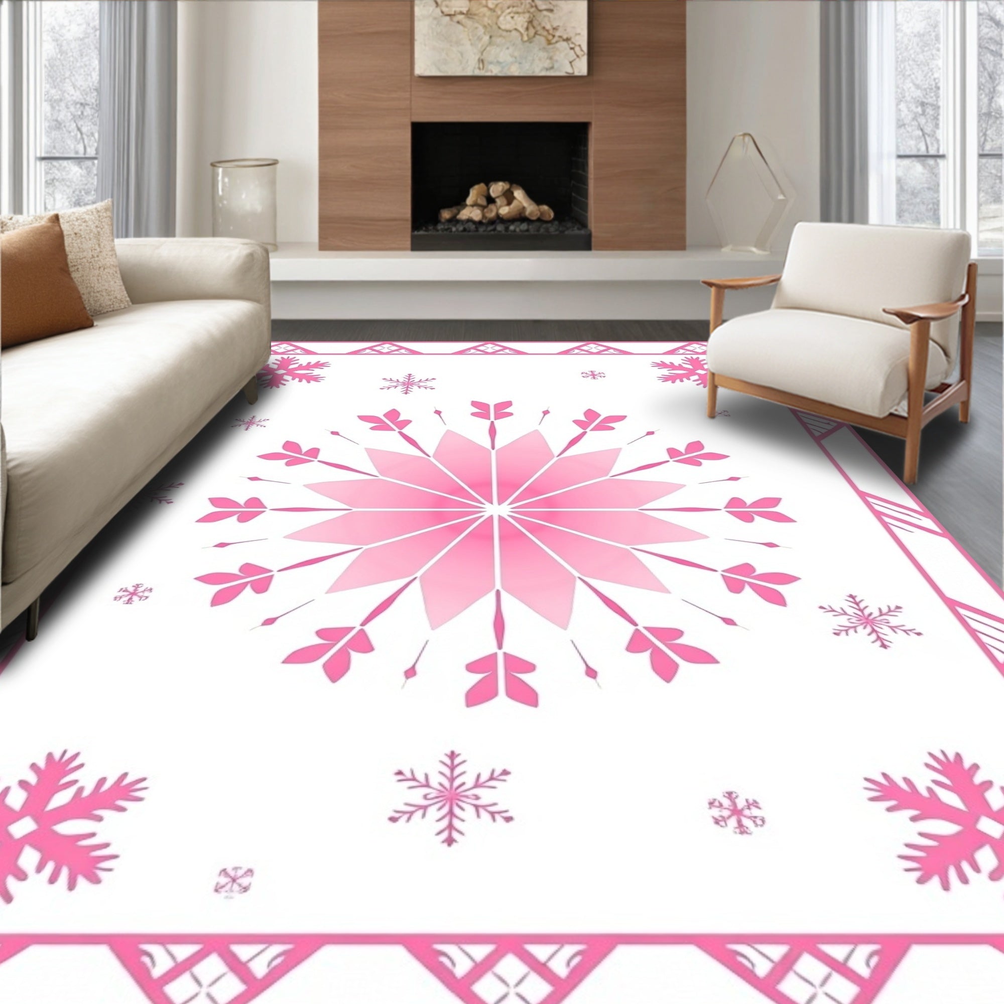 Pink Snowflake Geometric Border Rug