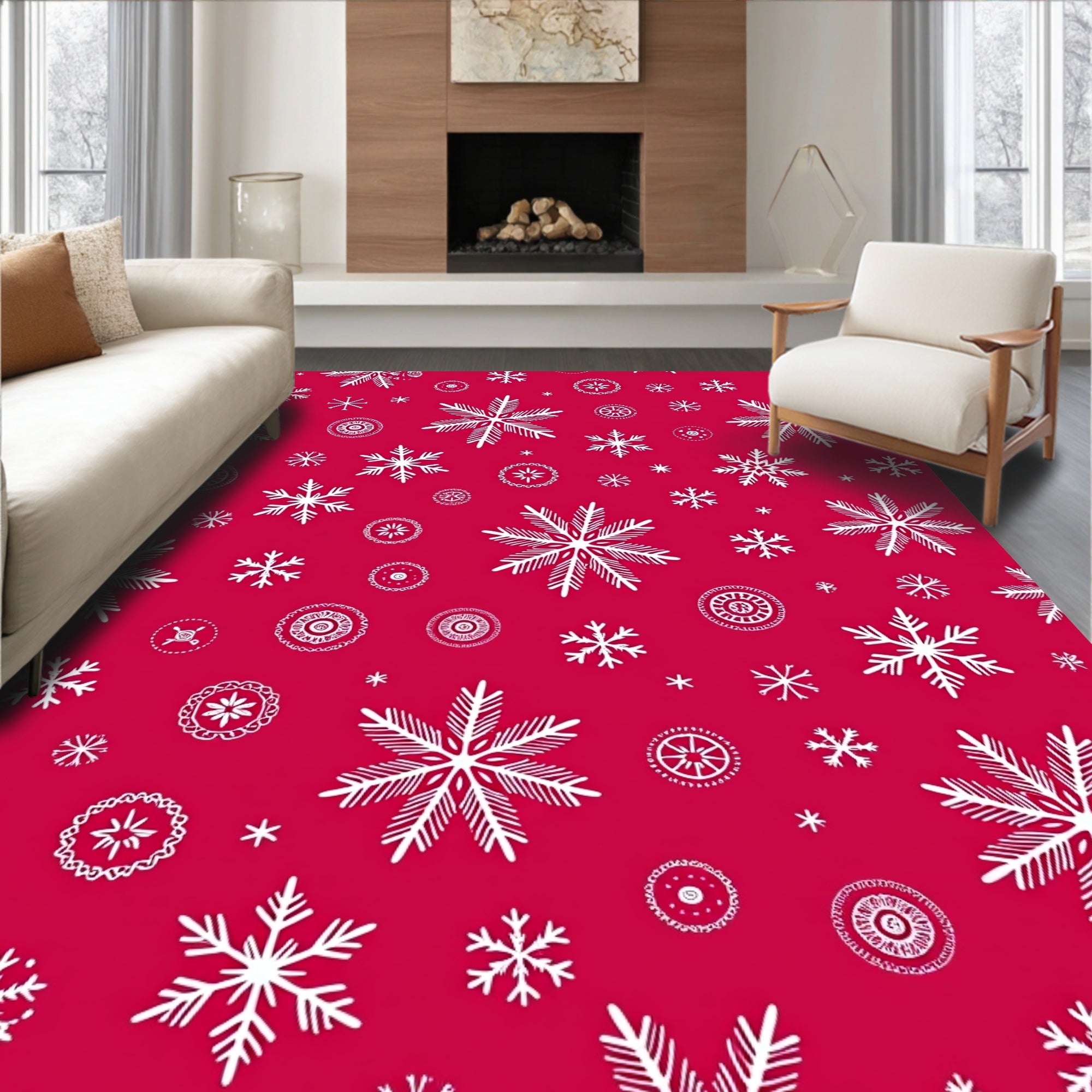 Winter Snowflakes Crimson Medallion Rug
