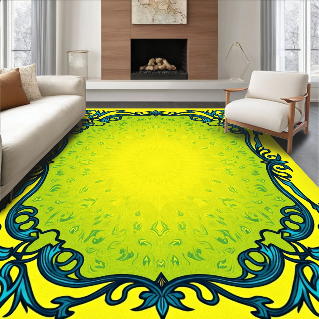 Vivid Yellow Blue Swirling Ornate Rug