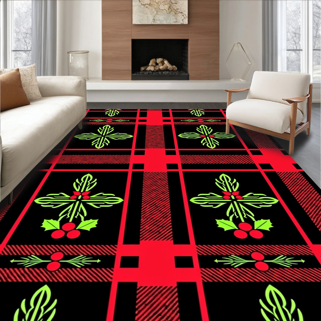 Red Black Plaid Holly Flourish Rug