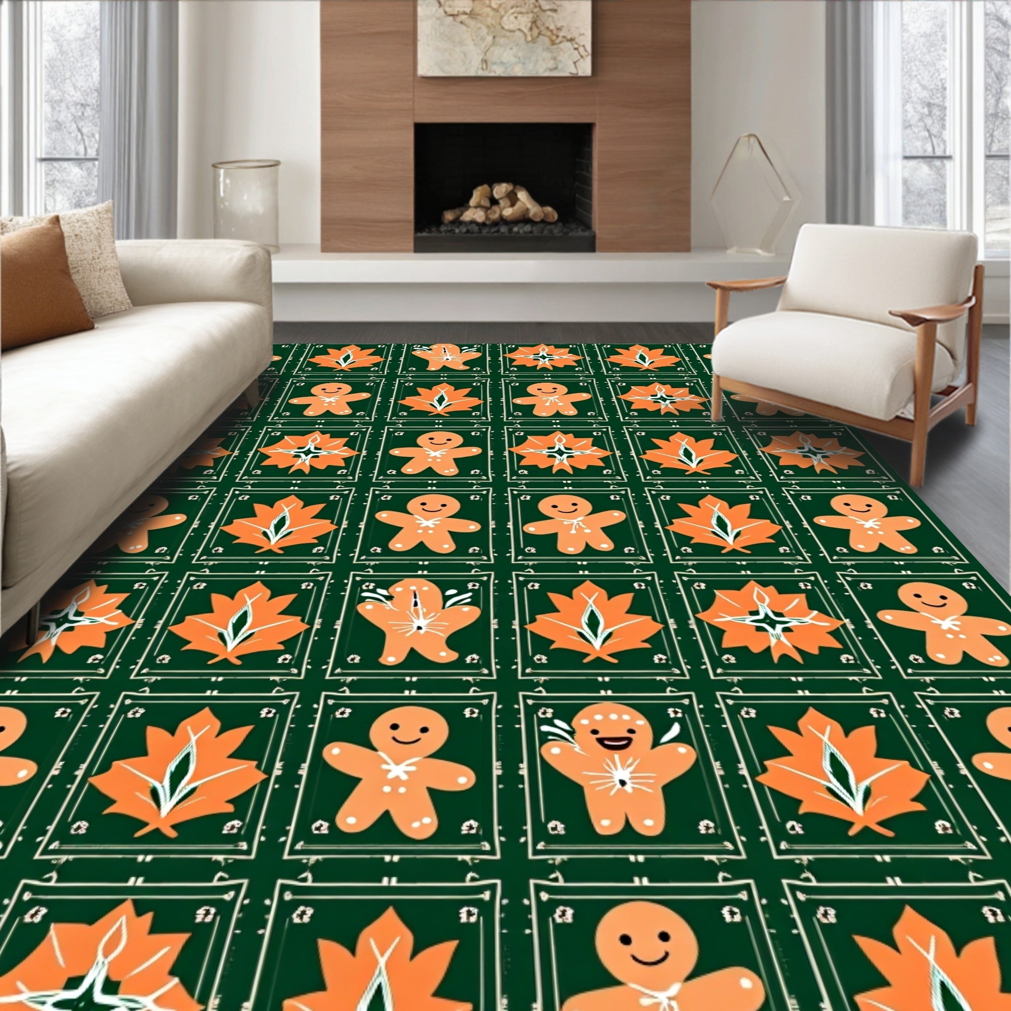 Orange Gingerbread Leaves Tile Rug