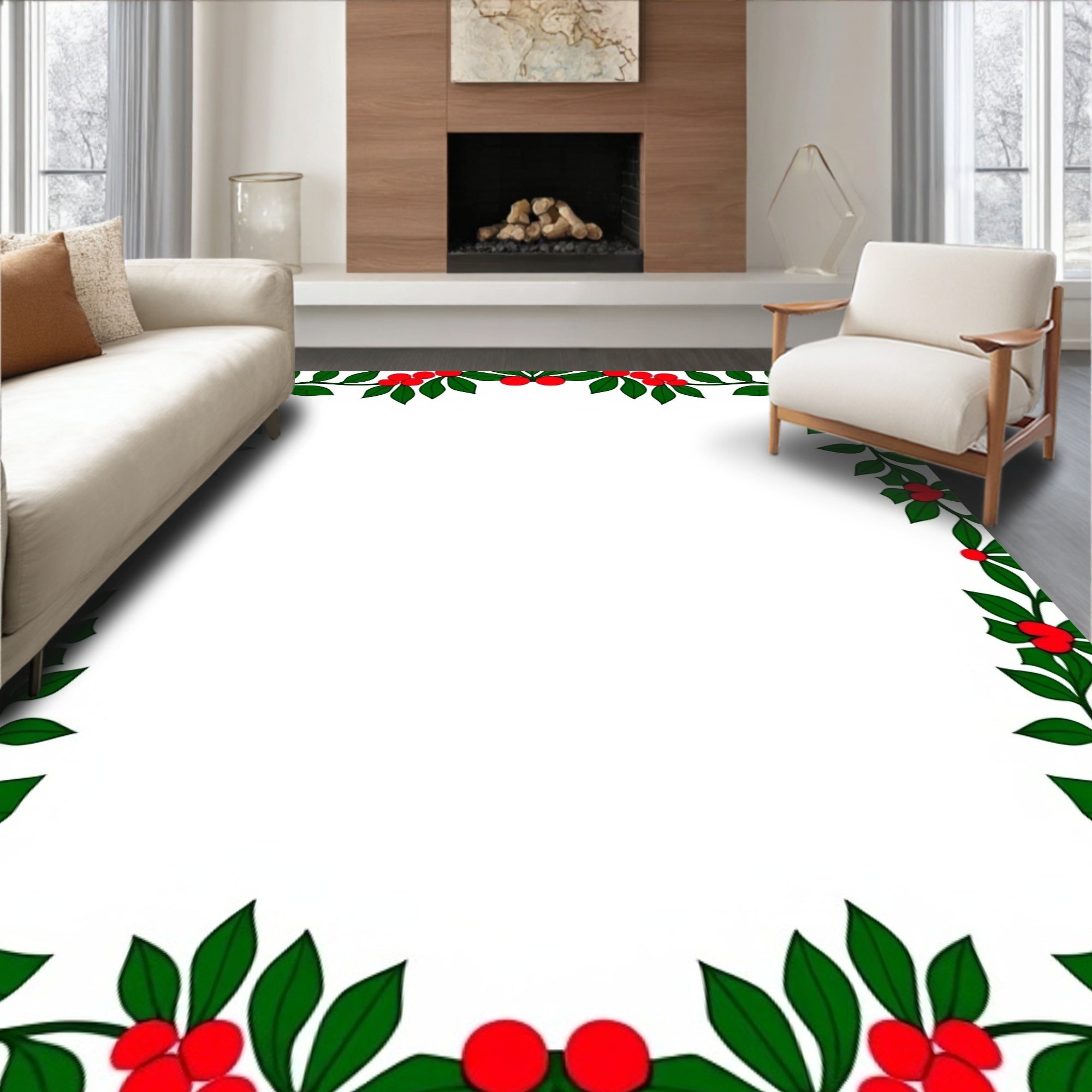 Festive Red Berry Holly Border Rug