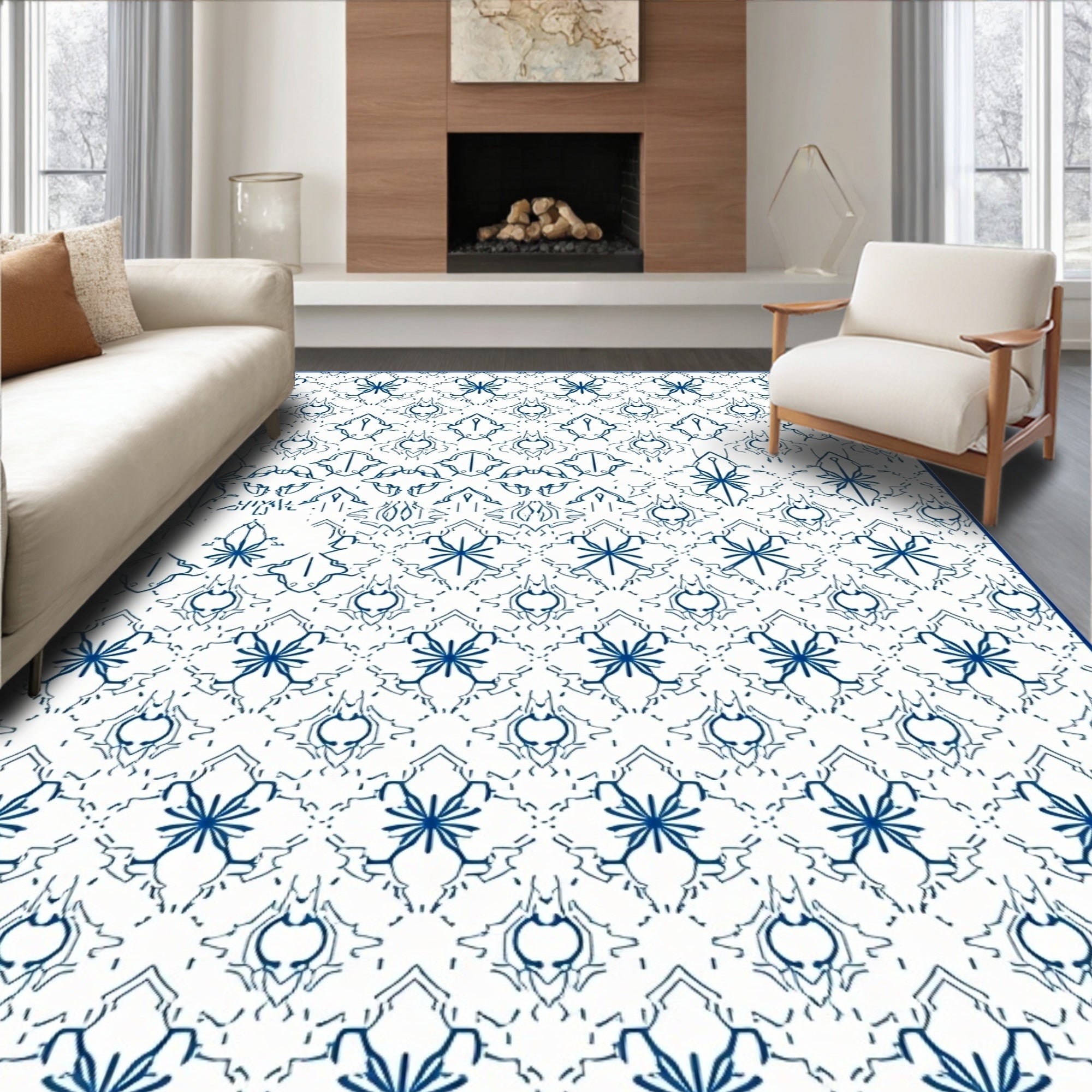 Navy Blue Floral Medallion Arrangement Rug