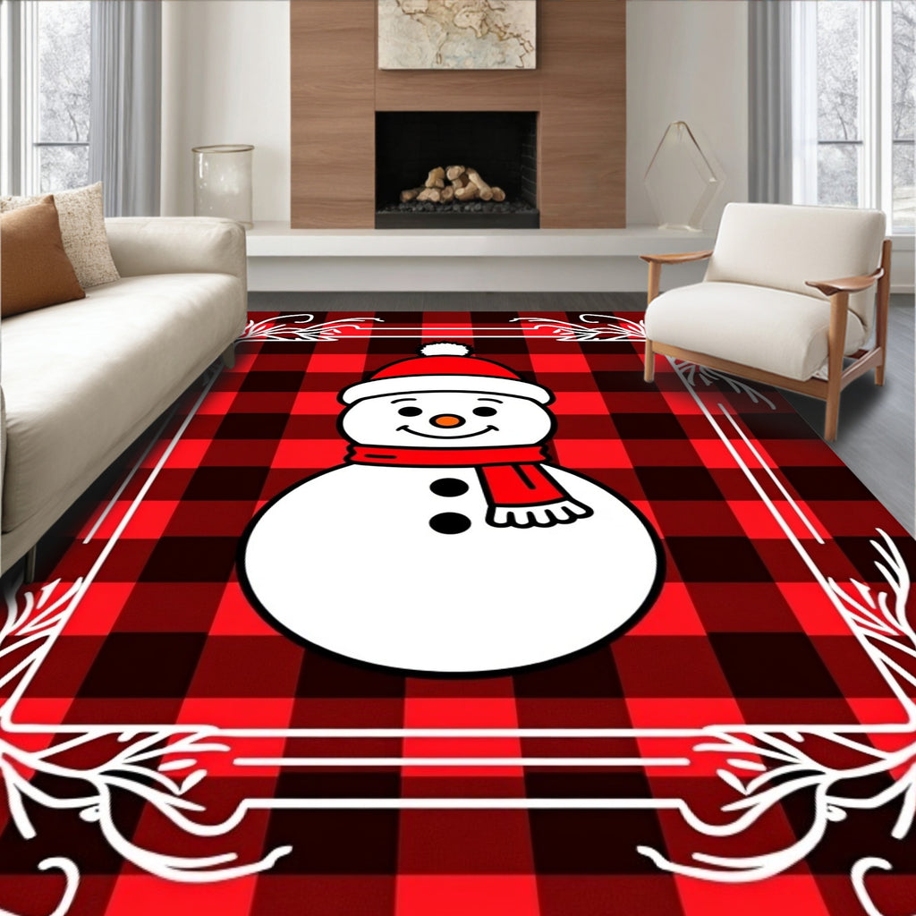 Red Black Buffalo Plaid Snowman Border Rug