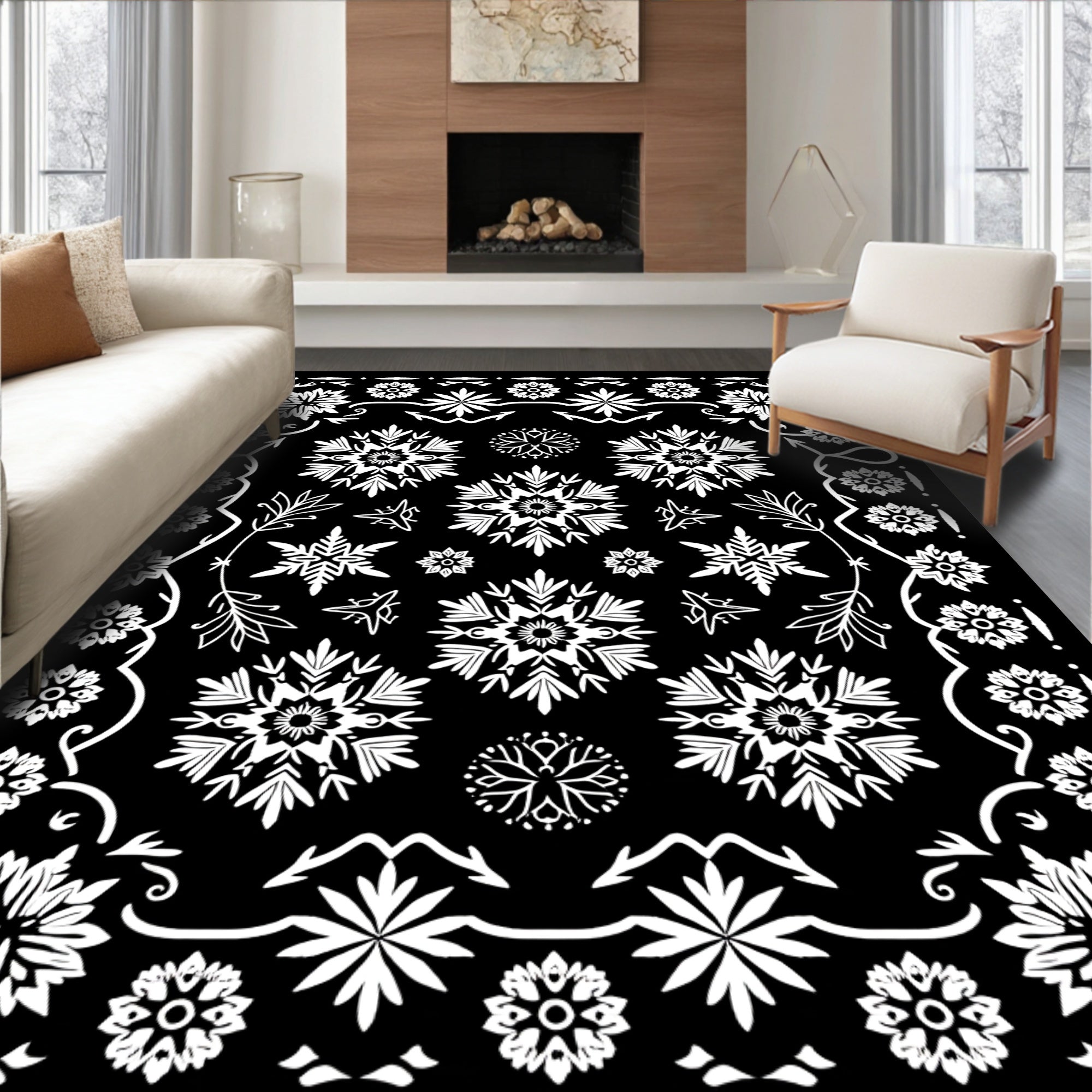 Monochromatic Black White Snowflake Garland Rug