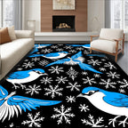 Blue Jay Snowflakes Black Background Print Rug