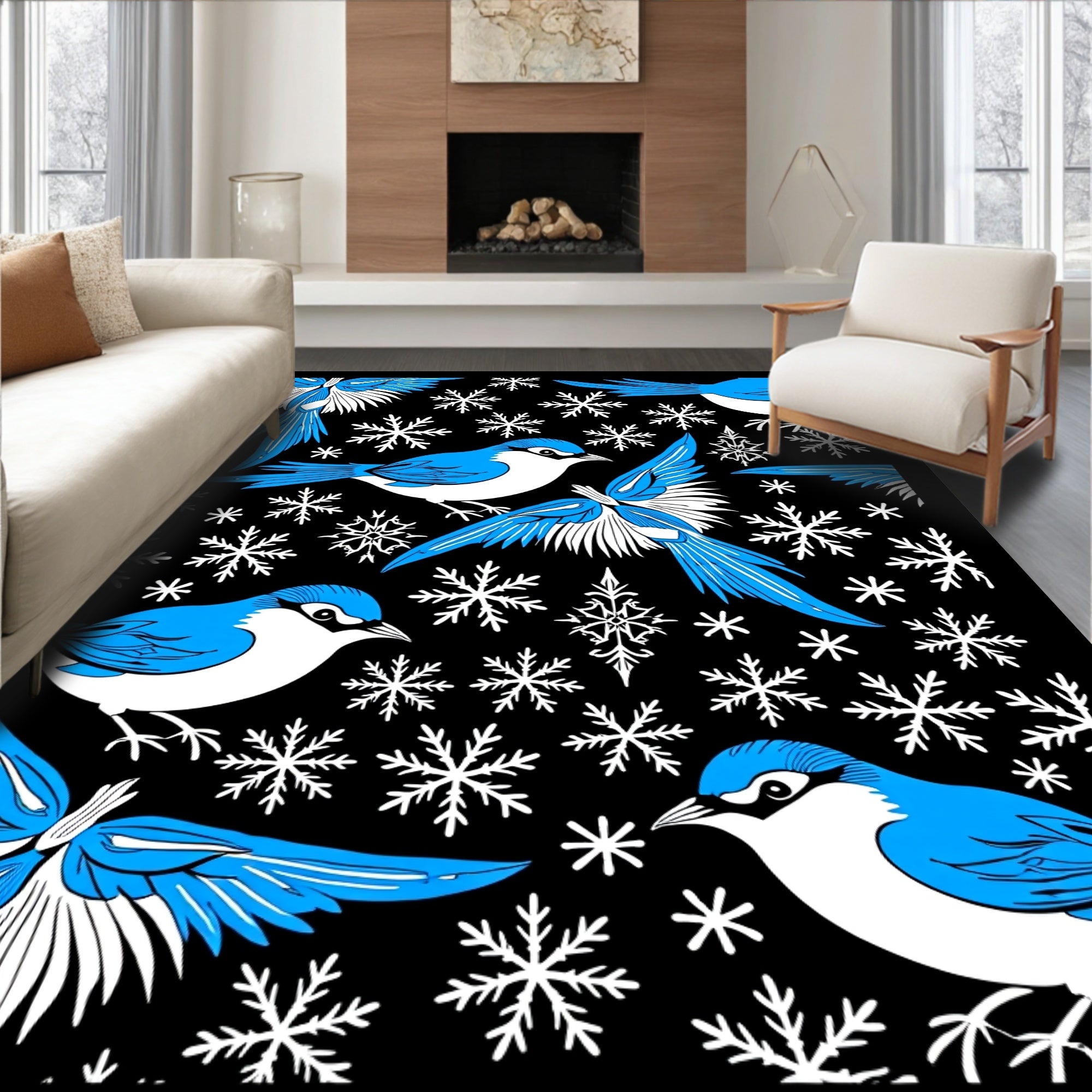 Blue Jay Snowflakes Black Background Print Rug