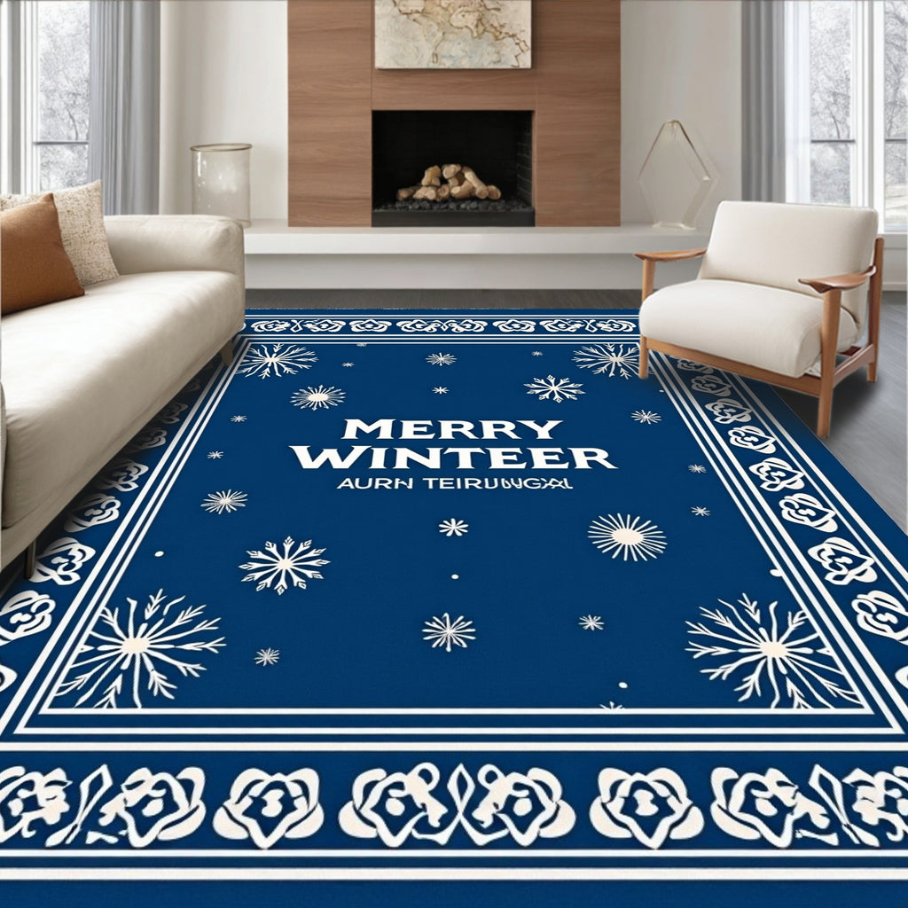 Deep Blue Snowflake Winter Border Rug