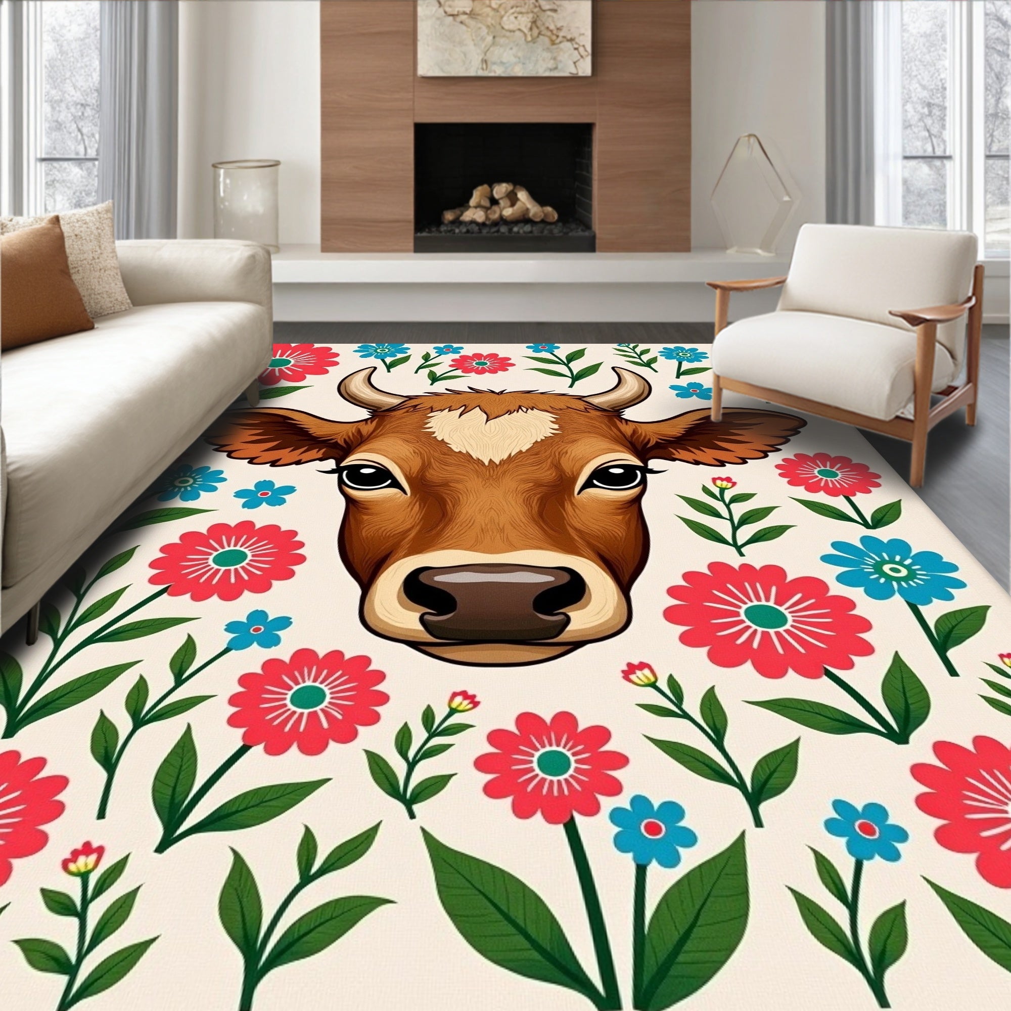 Whimsical Brown Cow Floral Arrangement Rug