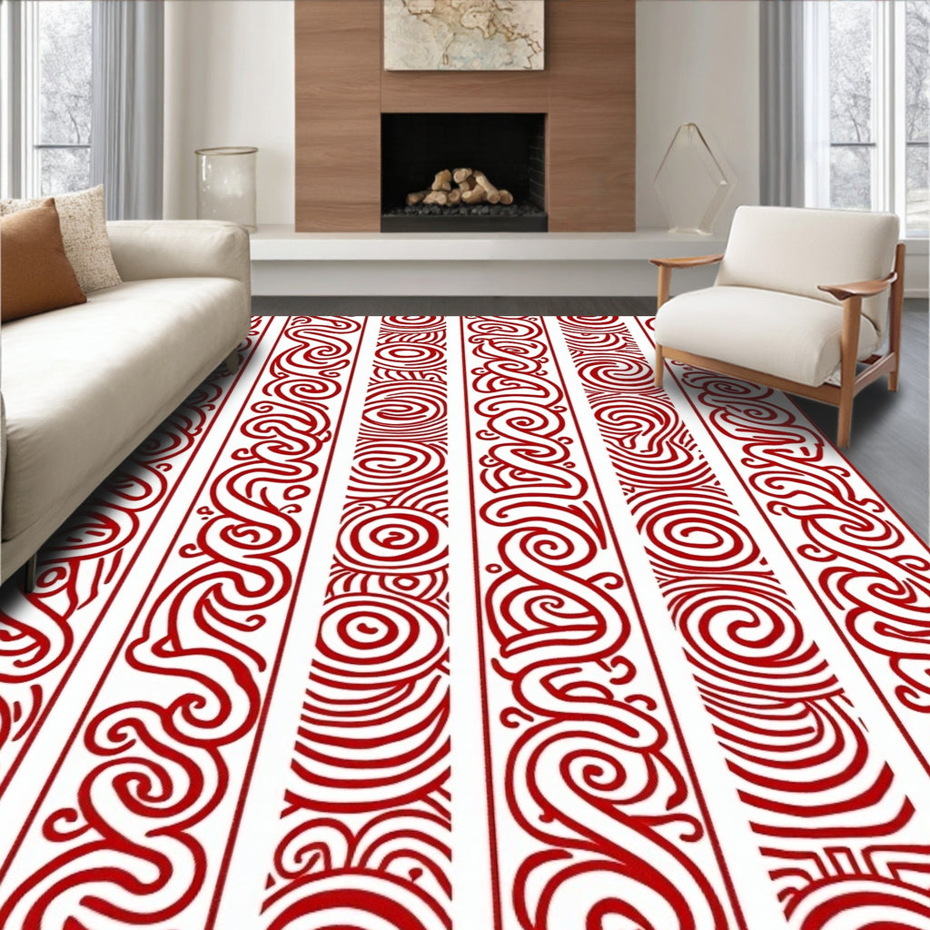 Red Swirling Abstract Vertical Stripes Rug