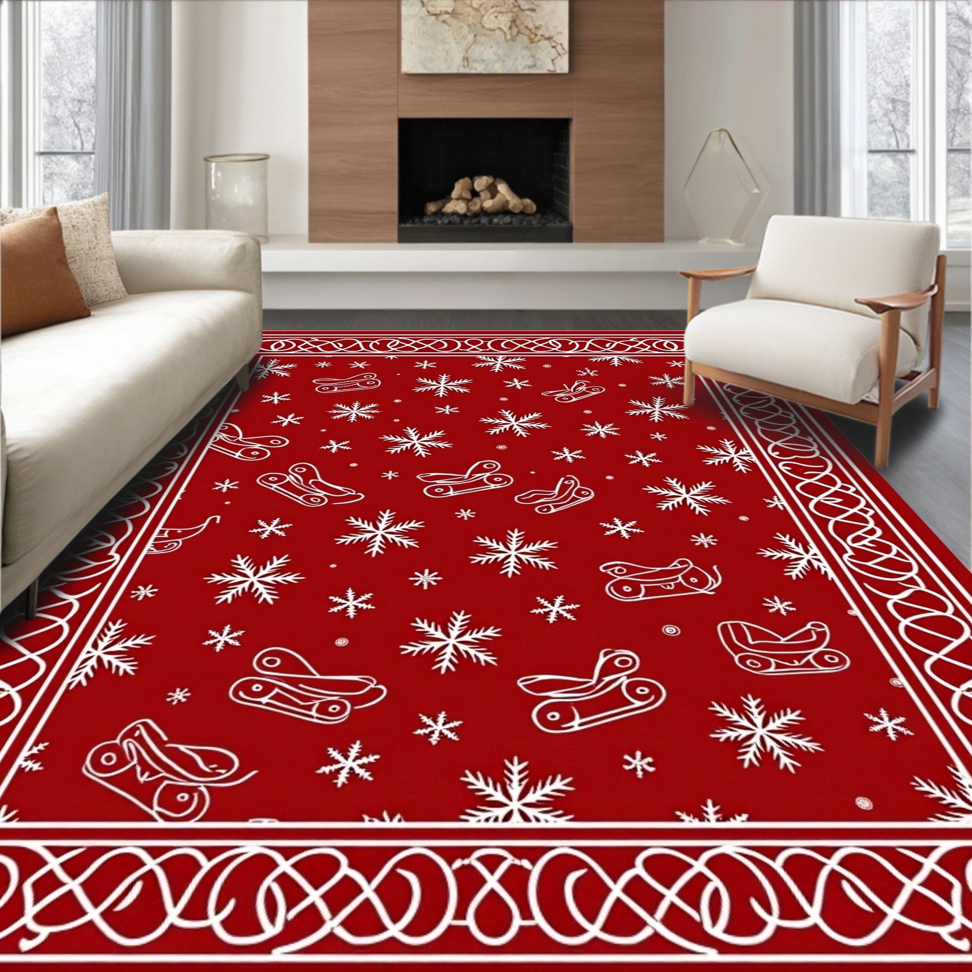 Red Sleigh Snowflakes Winter Border Rug