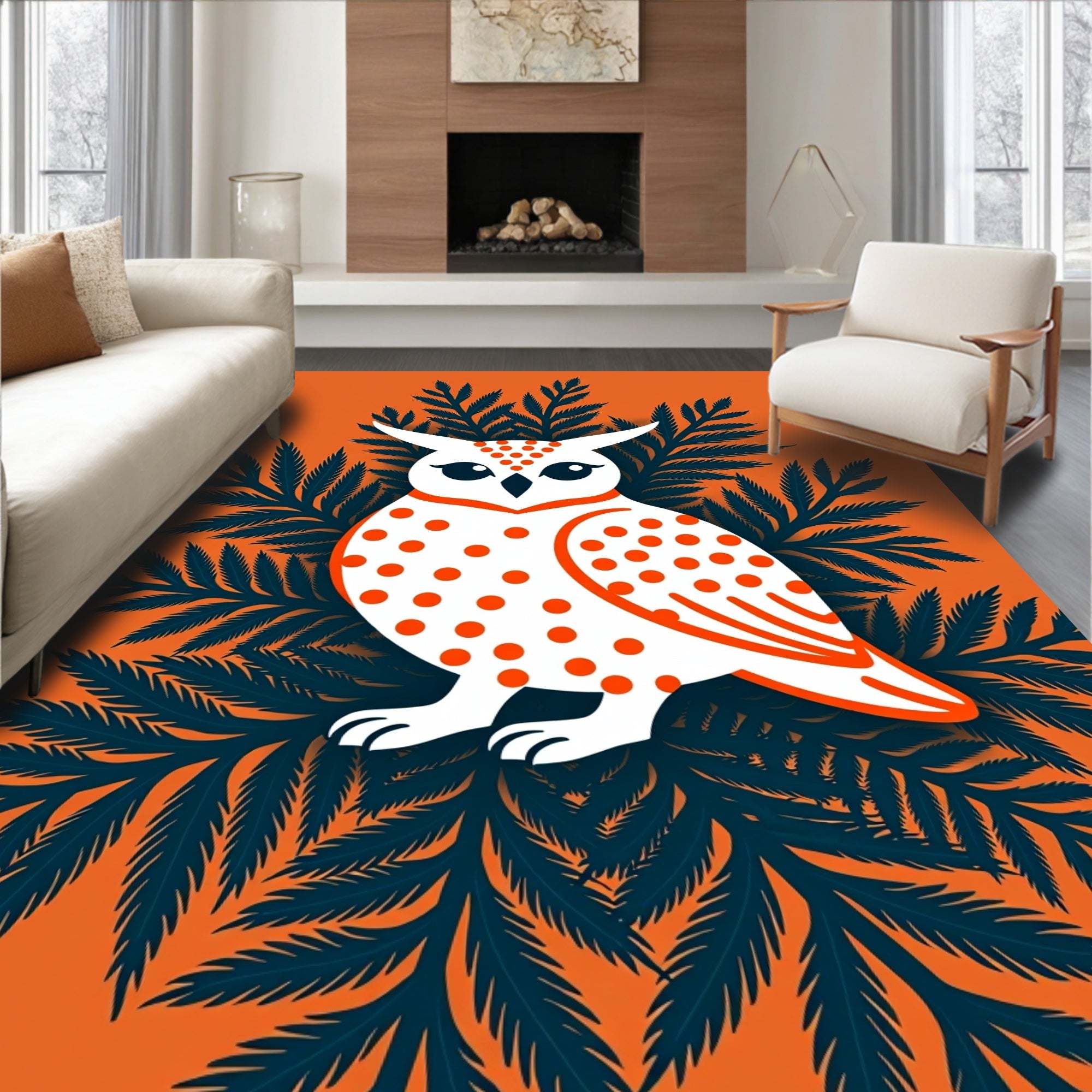 Whimsical Orange Polka Dot Owl Foliage Rug