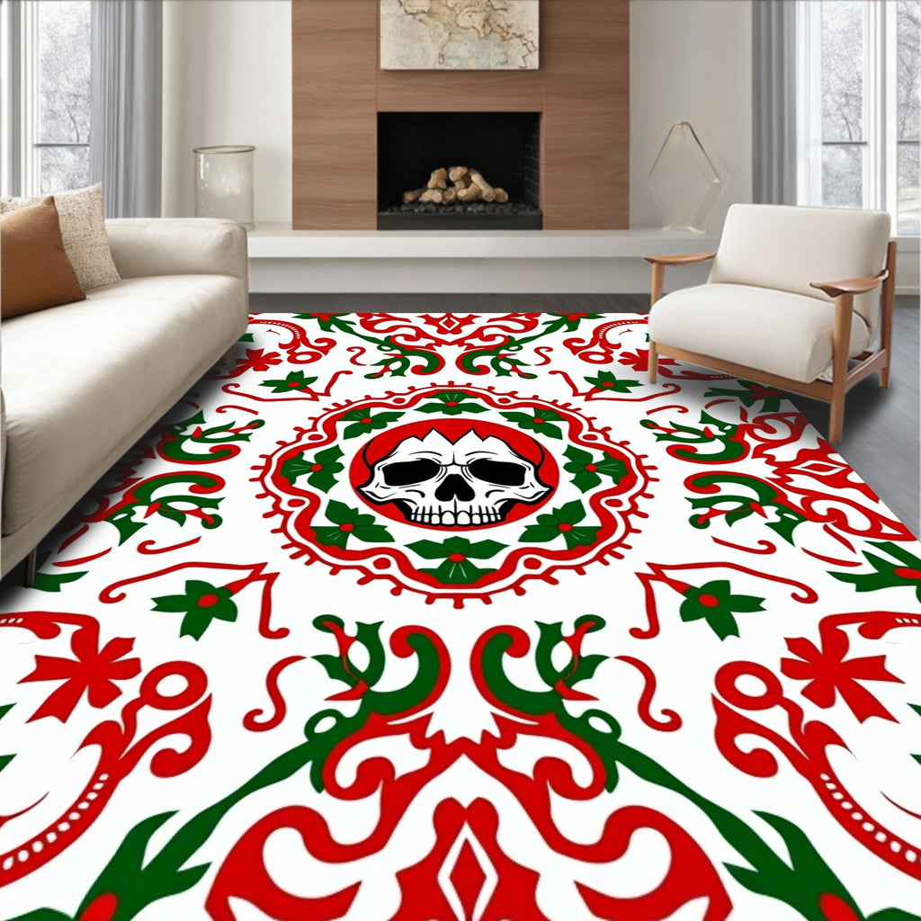 Crimson Green Skull Medallion Mandala Rug