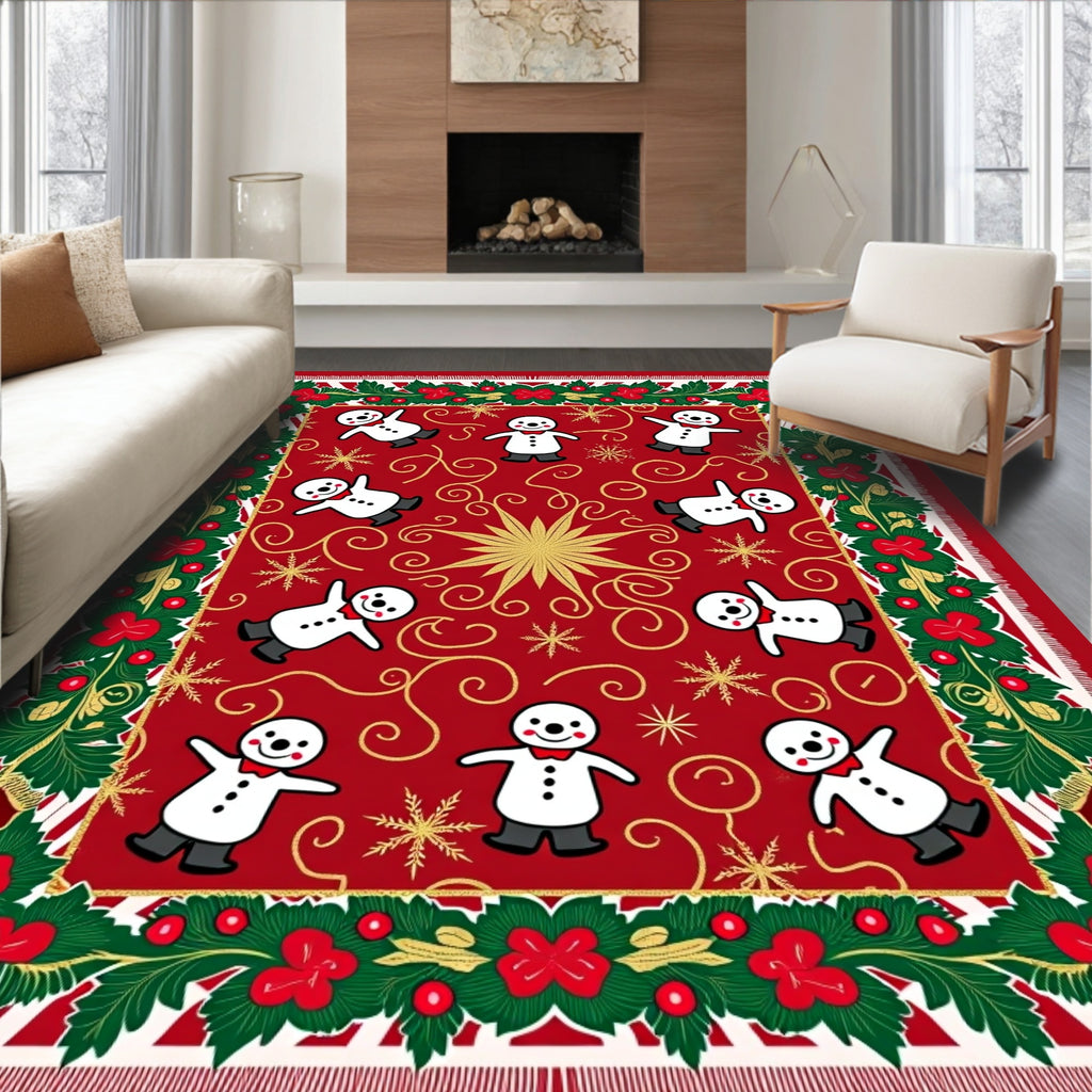 Festive Red Snowman Holly Garland Rug