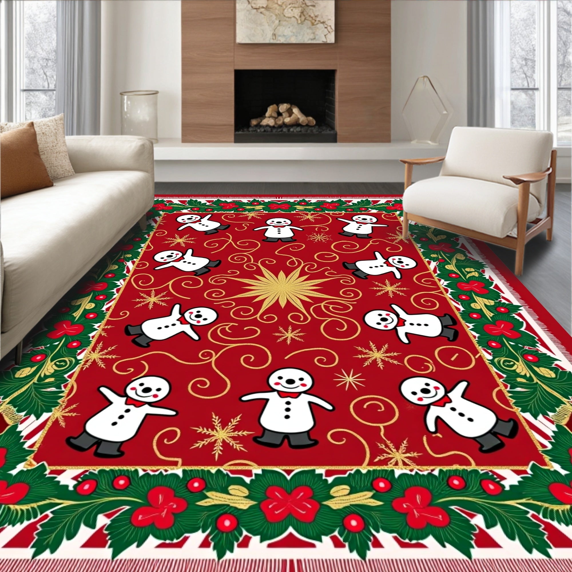 Festive Red Snowman Holly Garland Rug