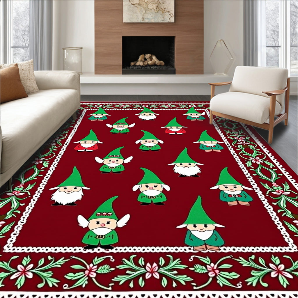 Festive Gnome Border with Red Background Rug