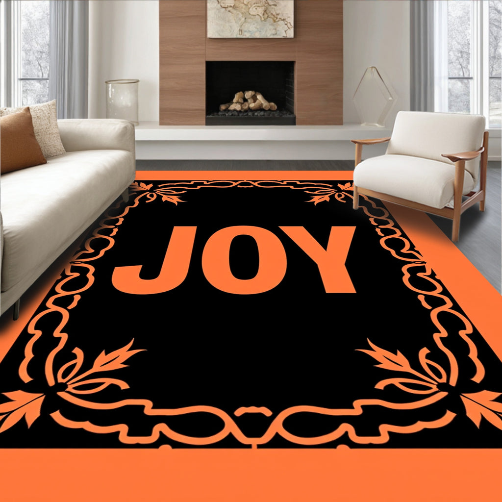 Orange Black Floral Word Art Rug