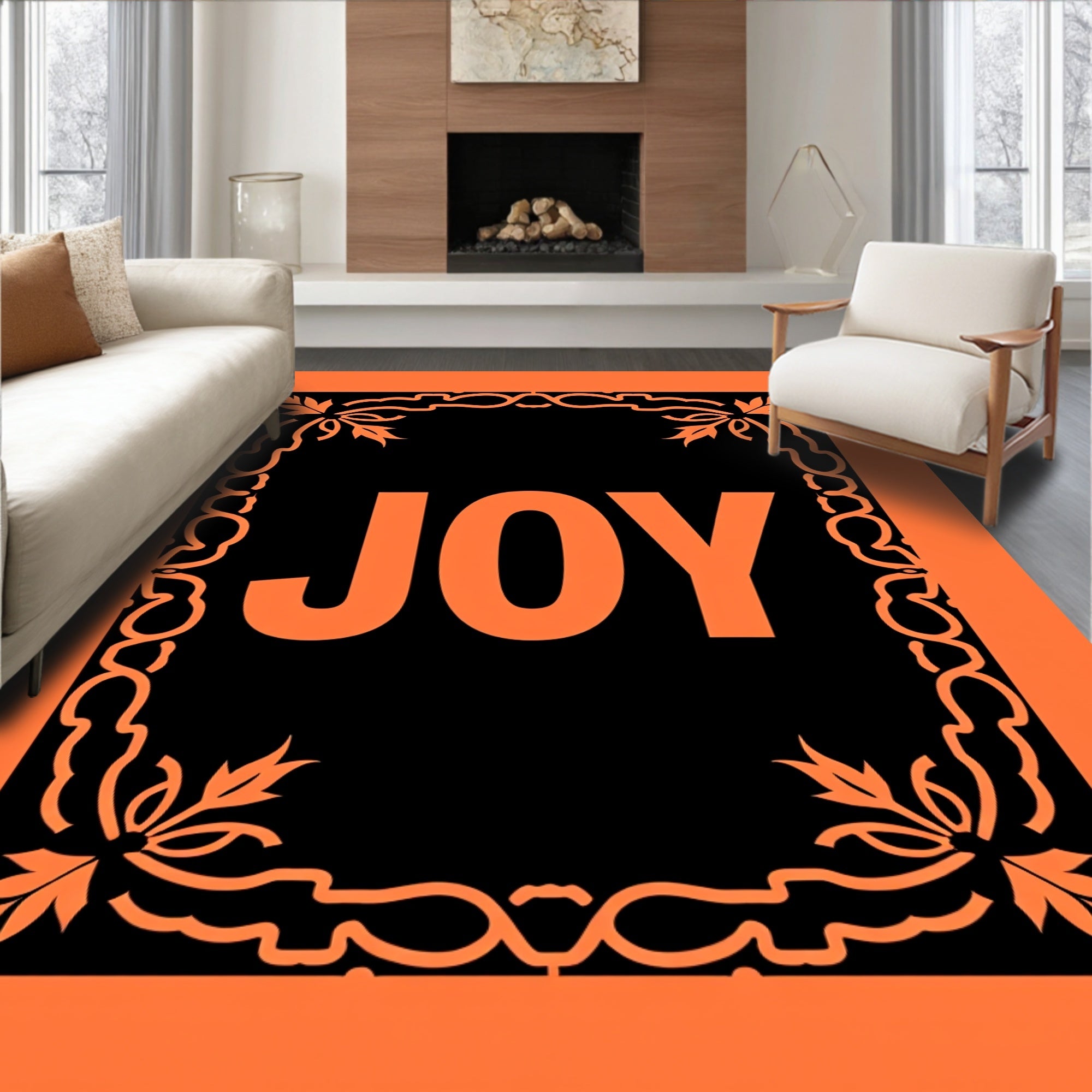 Orange Black Floral Word Art Rug