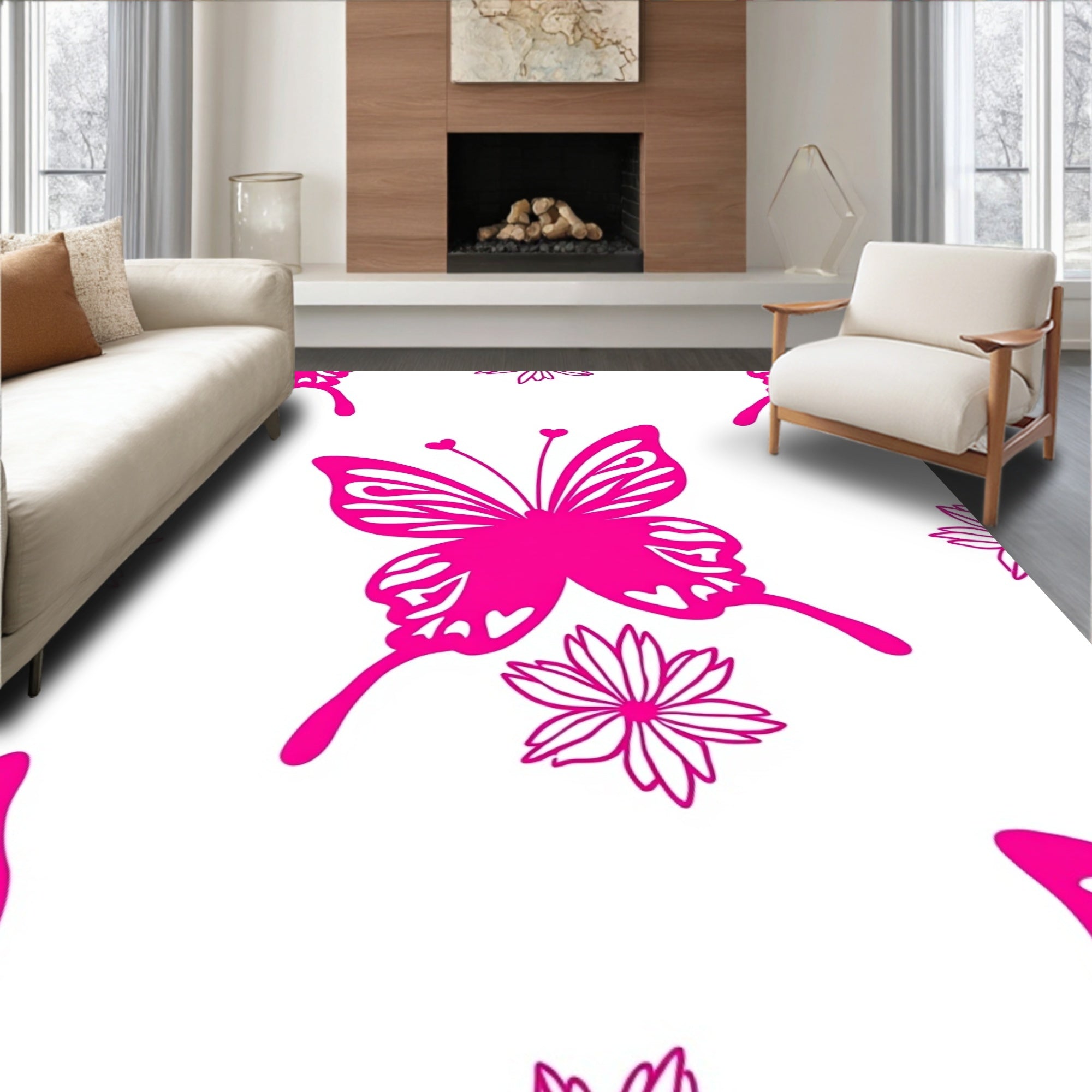 Vibrant Fuchsia Butterfly Floral Repeat Rug