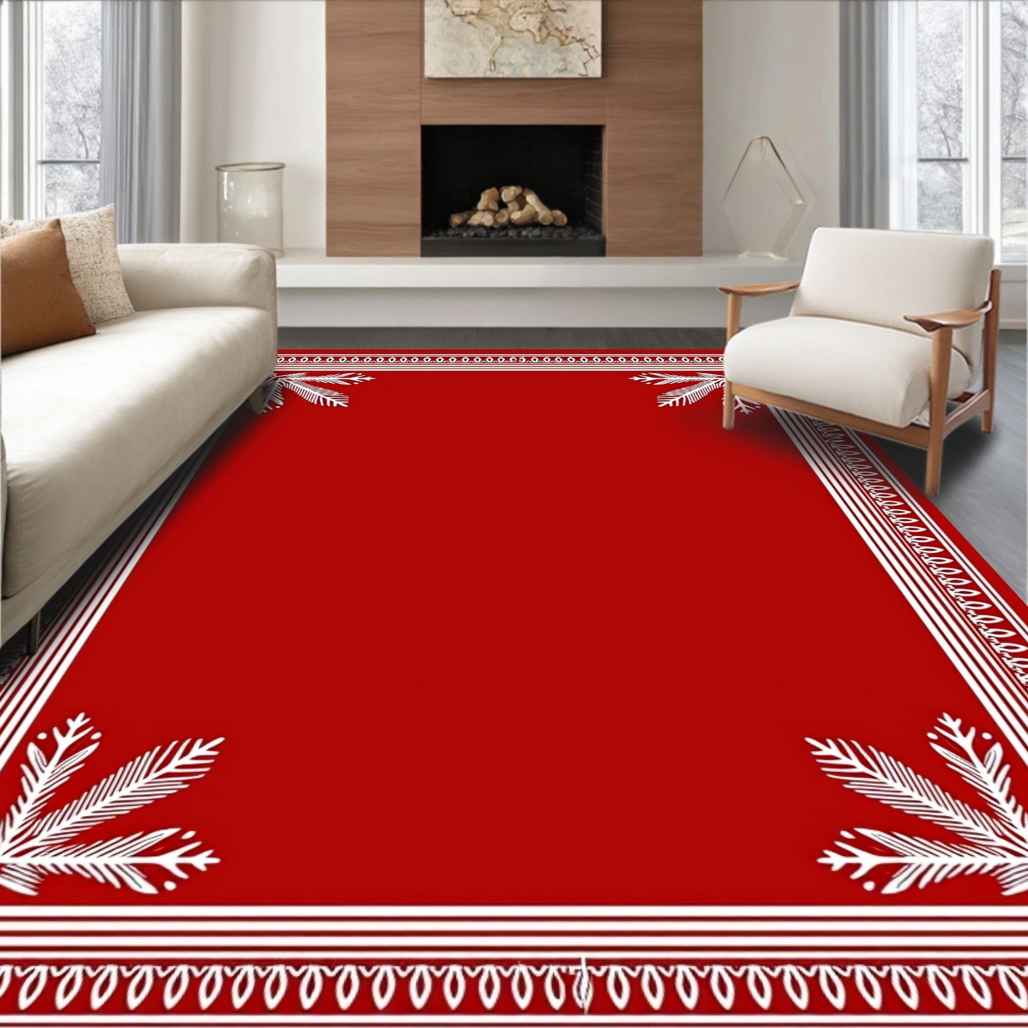 Bold Red Fern Border Rug