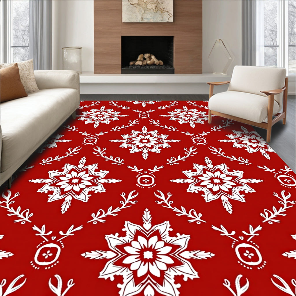 Charming Red White Snowflake Floral Rug
