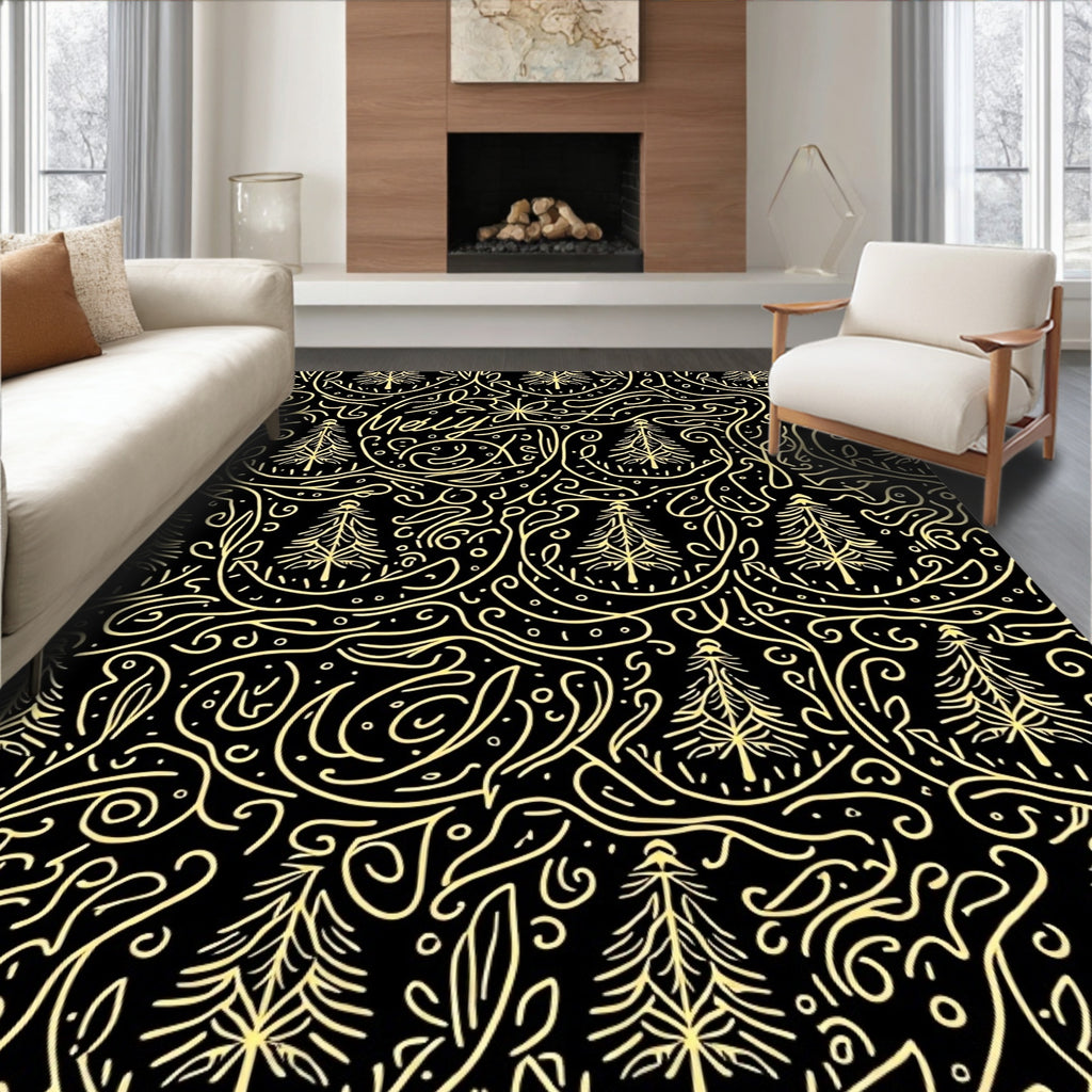 Yellow Line Art Trees Black Background Rug