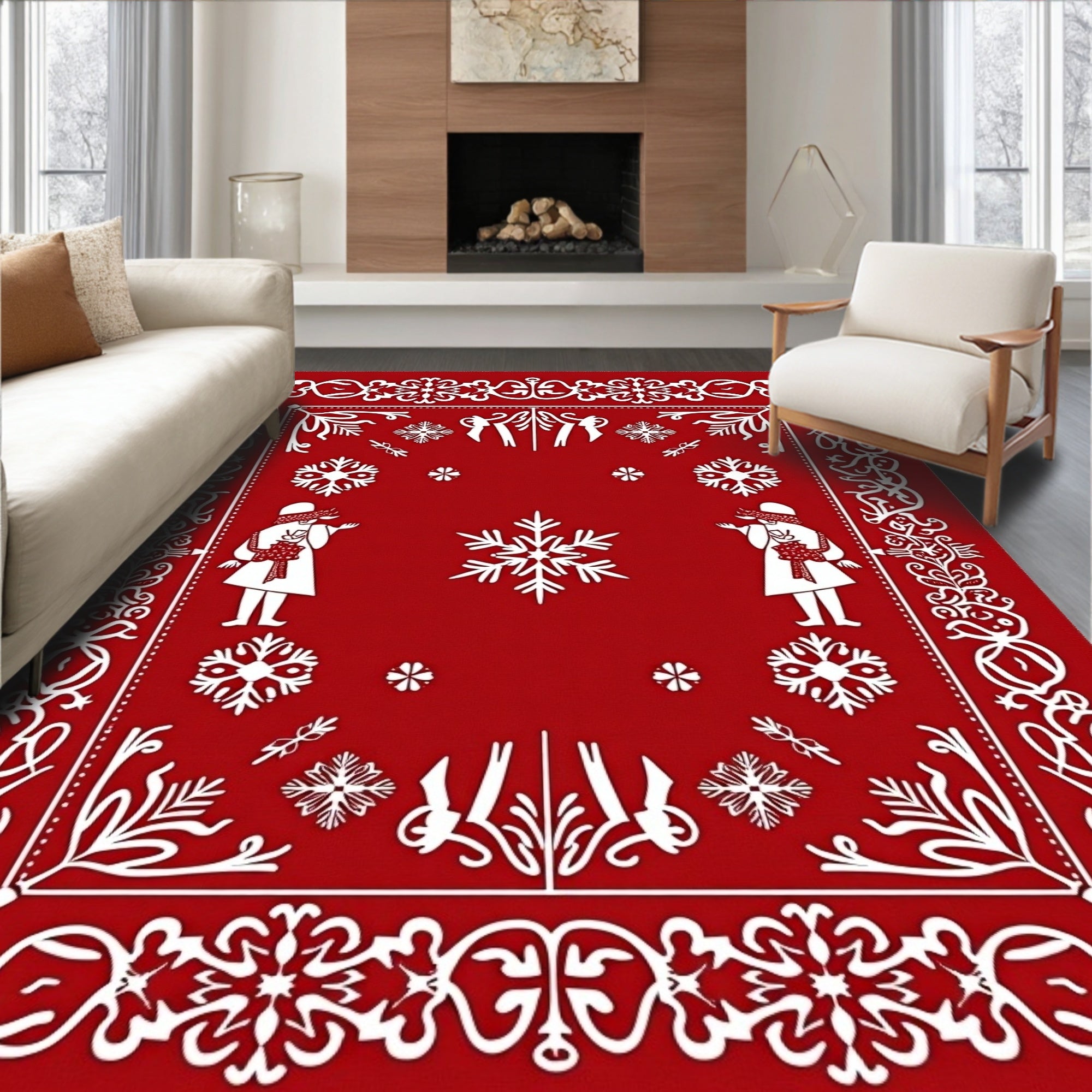 Red White Winter Snowflake Figures Border Rug